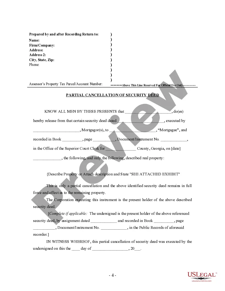 Get Partial Release of Property From Security Deed - Mortgage by Corporation Preview Partial Release of Property From Security Deed - Mortgage by Corporation