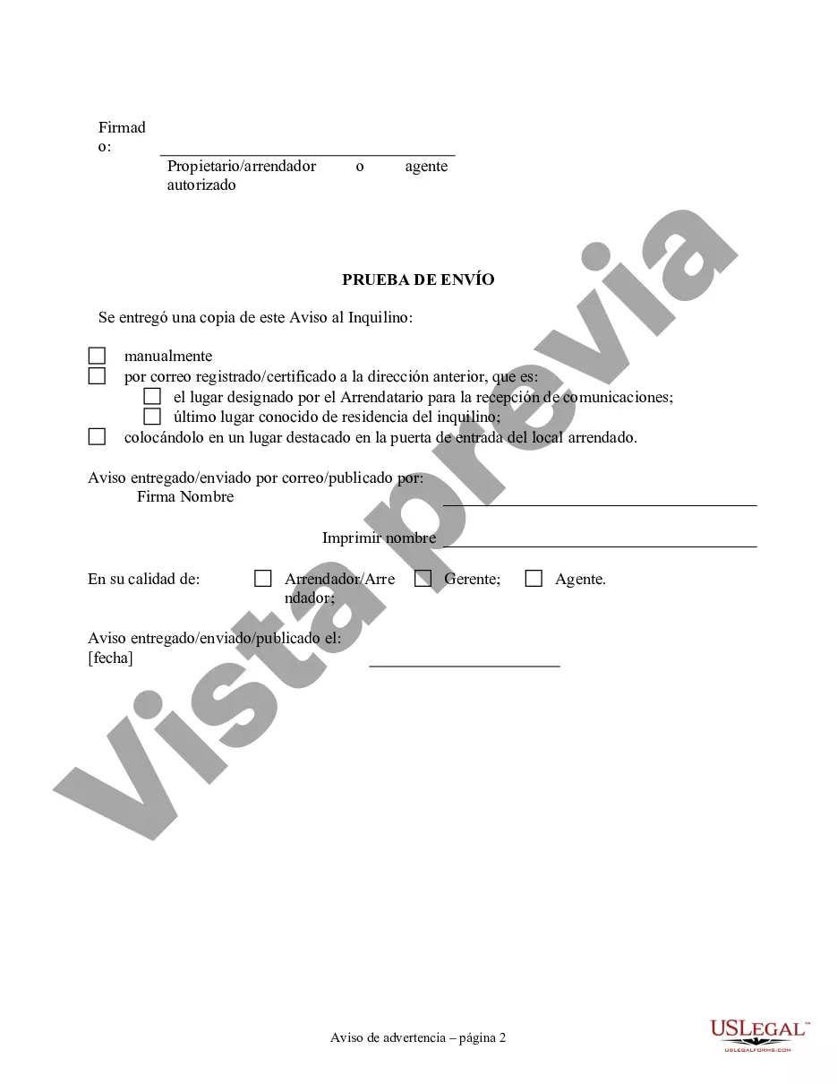 Preview Aviso de incumplimiento en el pago del alquiler como advertencia previa a la demanda de pago o rescisión de la propiedad residencial