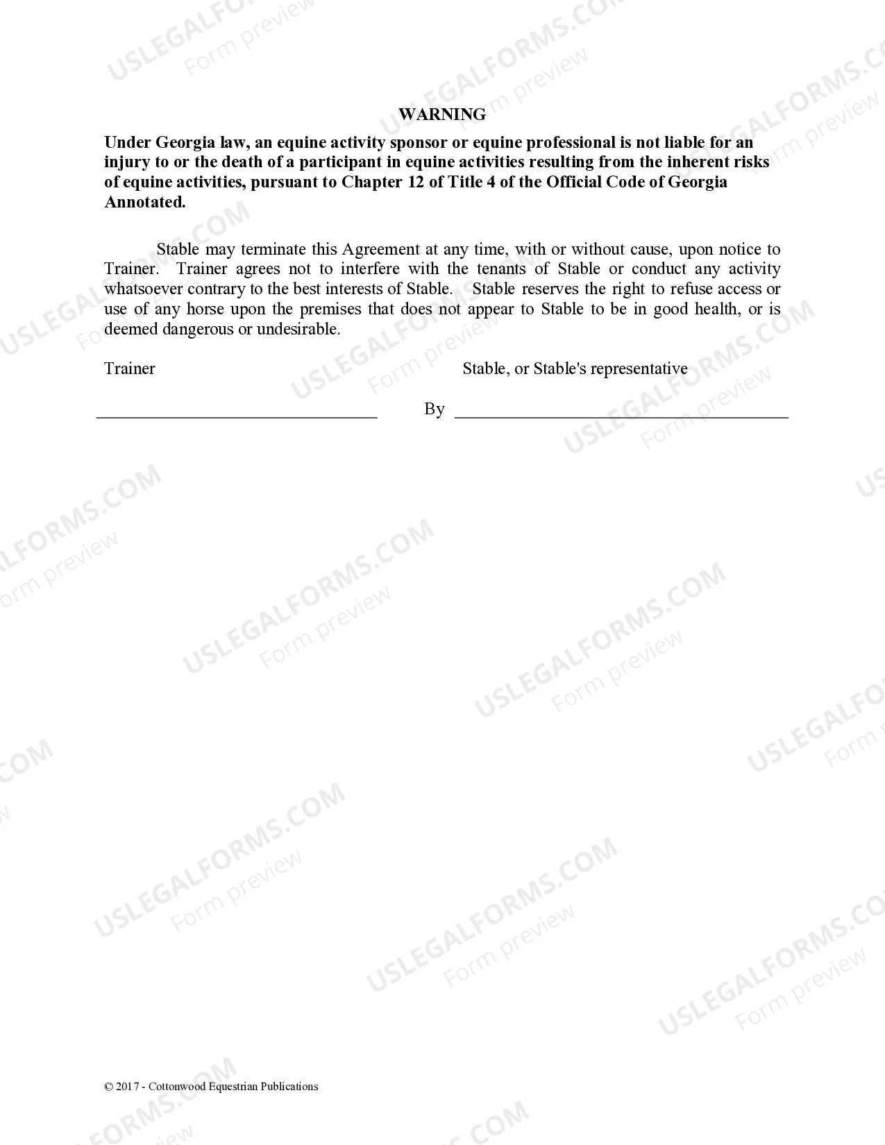 Preview Trainer's Facility Use Agreement - Horse Equine Forms