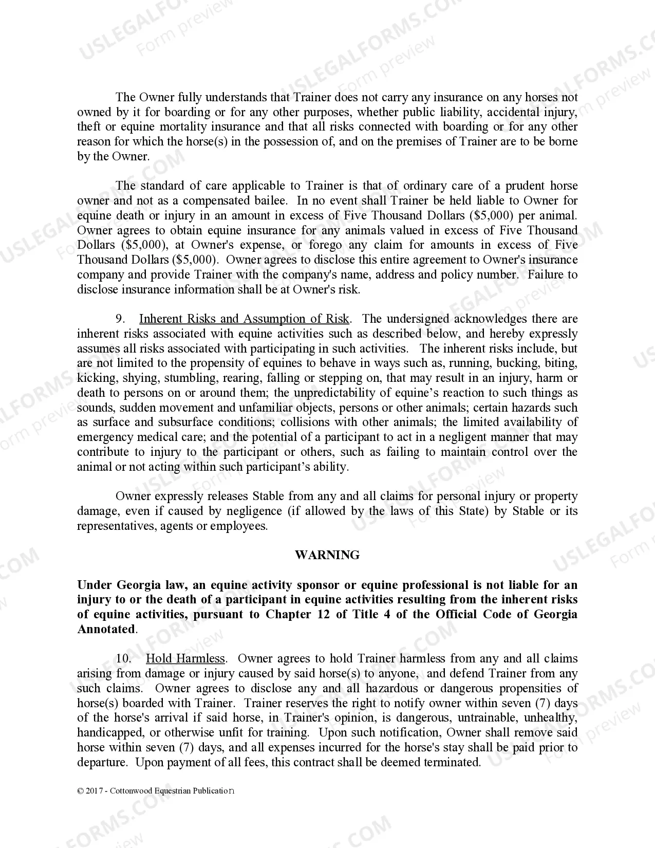 Preview Training Contract - Horse Equine Forms