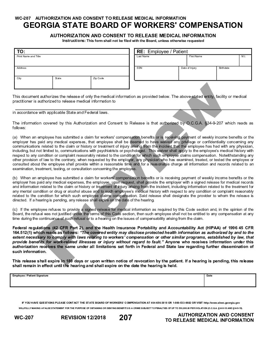 form Authorization And Consent To Release Information for Workers' Compensation preview