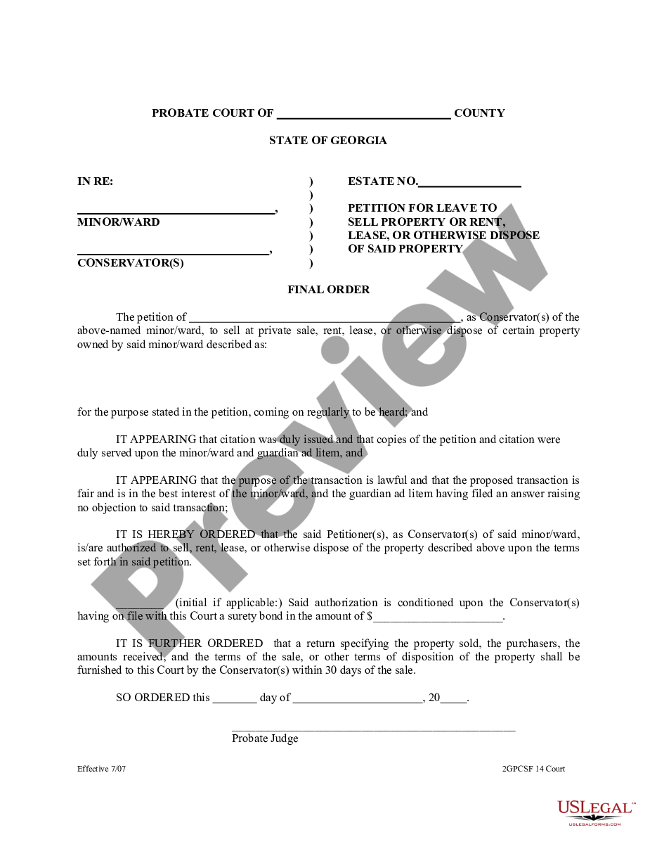 Savannah Georgia Court Forms for the Petition of Conservator for Leave