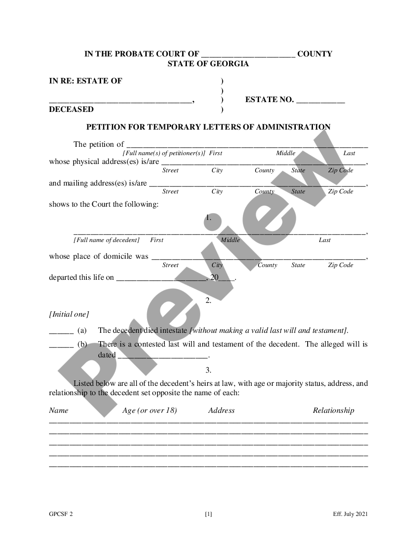 Georgia Petition for Temporary Letters of Administration - Temporary ...