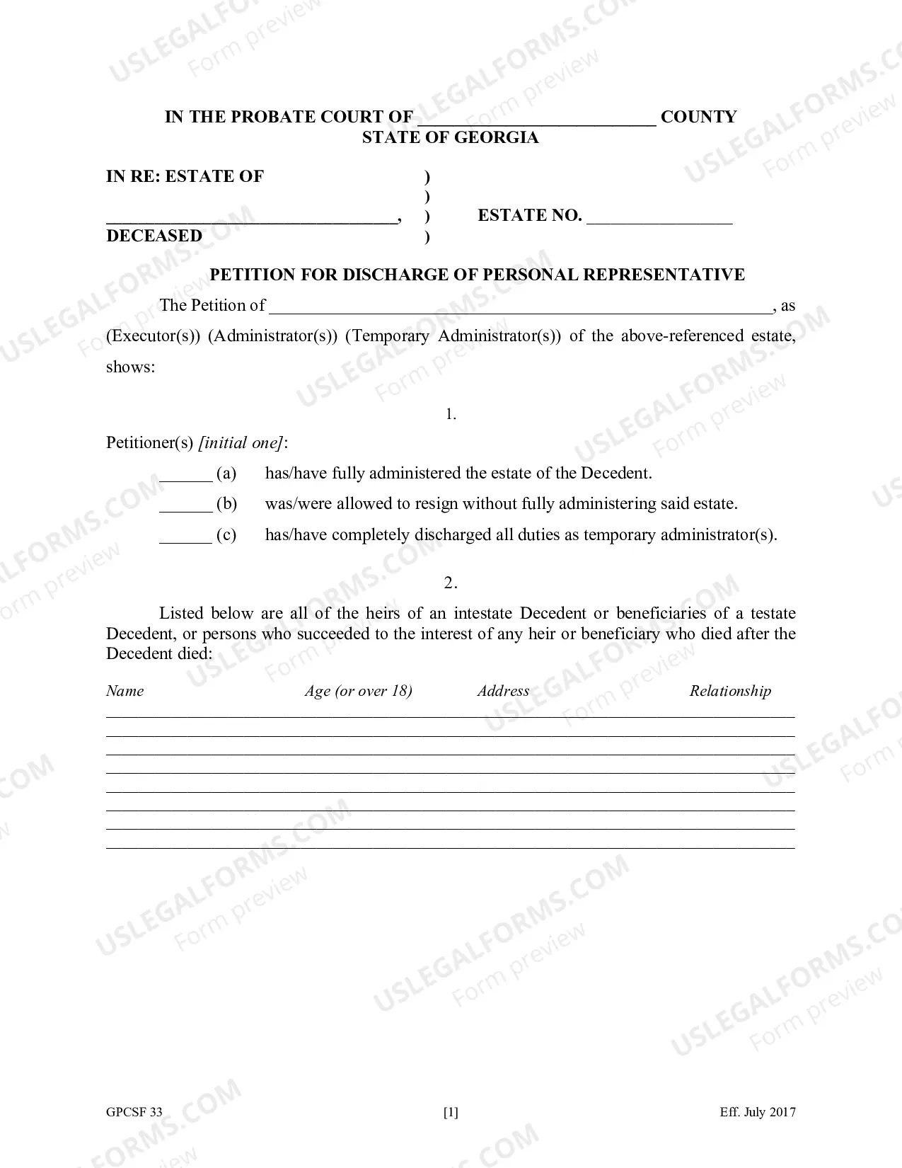 Preview Petition for Discharge