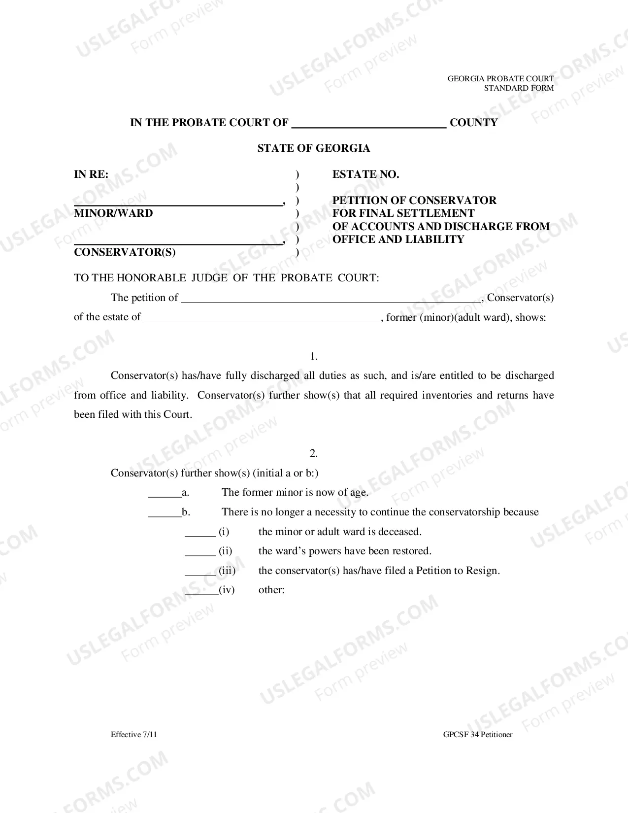 Preview Petition of Conservator for Final Settlement of Accounts and Discharge from Office and Liability