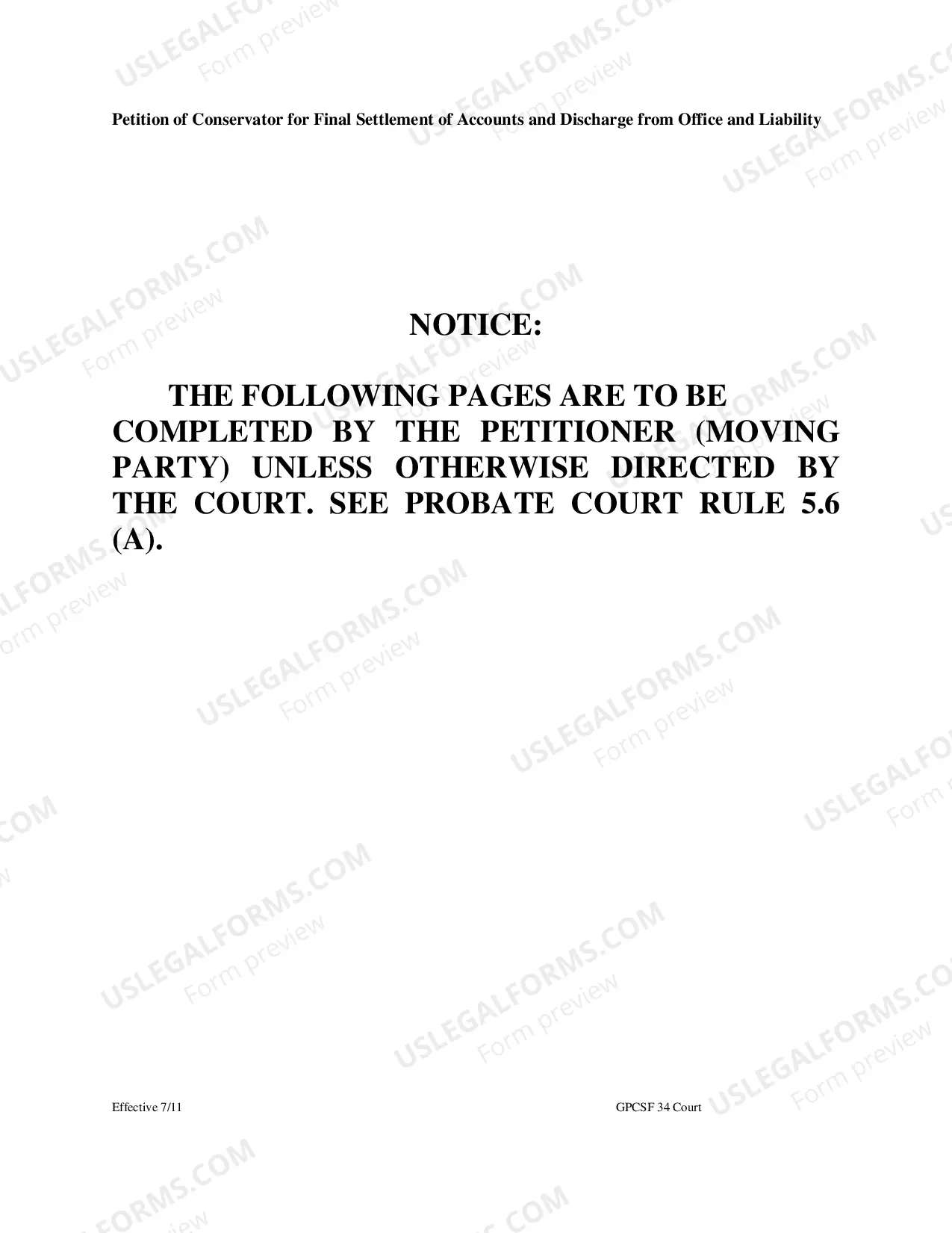 Preview Petition of Conservator for Final Settlement of Accounts and Discharge from Office and Liability