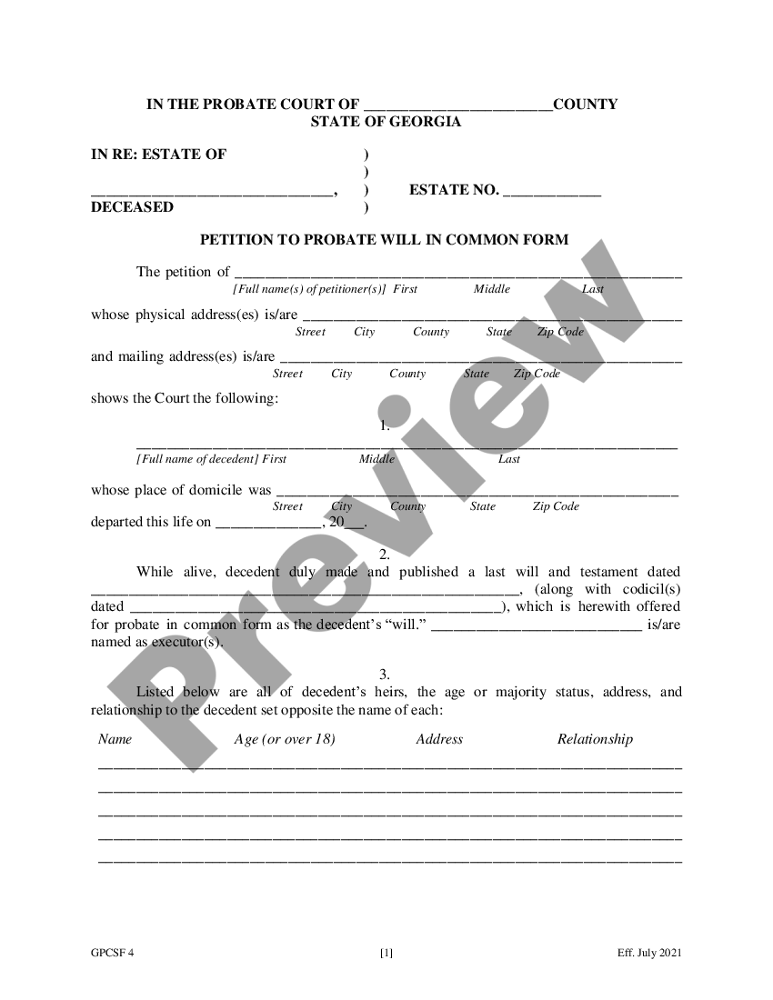 Georgia Petition To Probate Will In Common Form Common Probate Ga Easier US Legal Forms