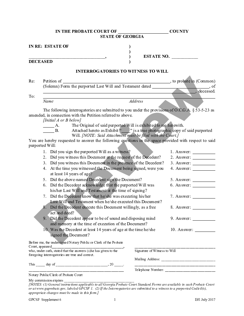 Georgia Interrogatories to Witness to Will - Interrogatories To Witness ...