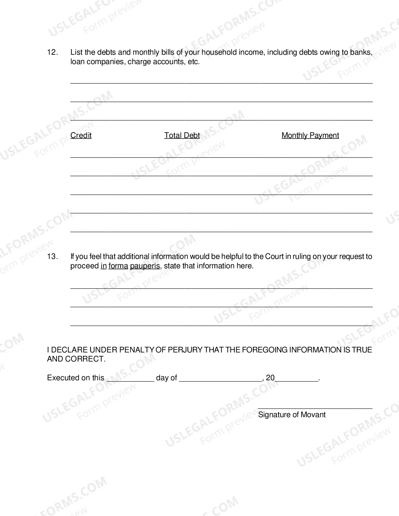 Preview Affidavit in Support of Request to Proceed In Forma Pauperis