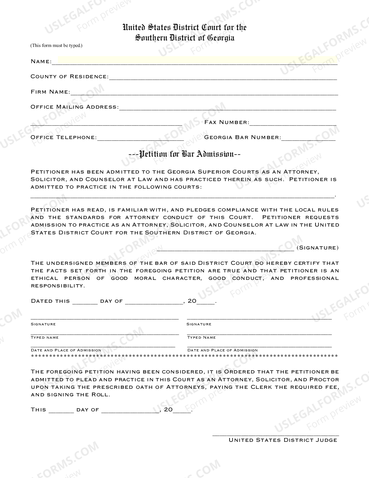 Petition for Bar Admission US Legal Forms