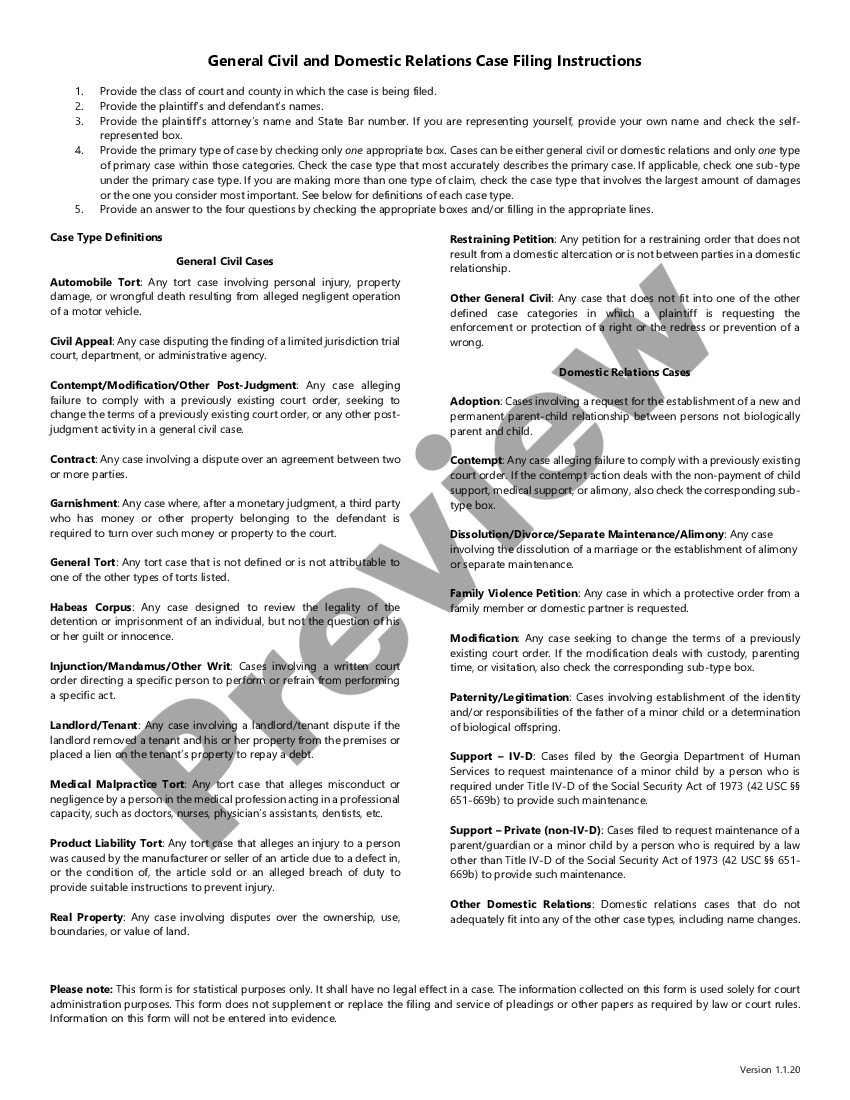 Domestic Relations Case Filing Information Form