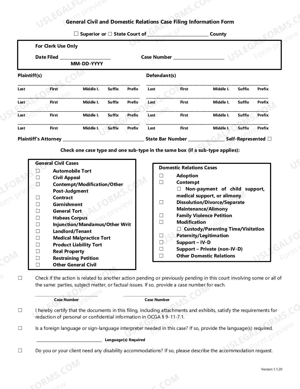 Preview Domestic Relations Filing Information Form
