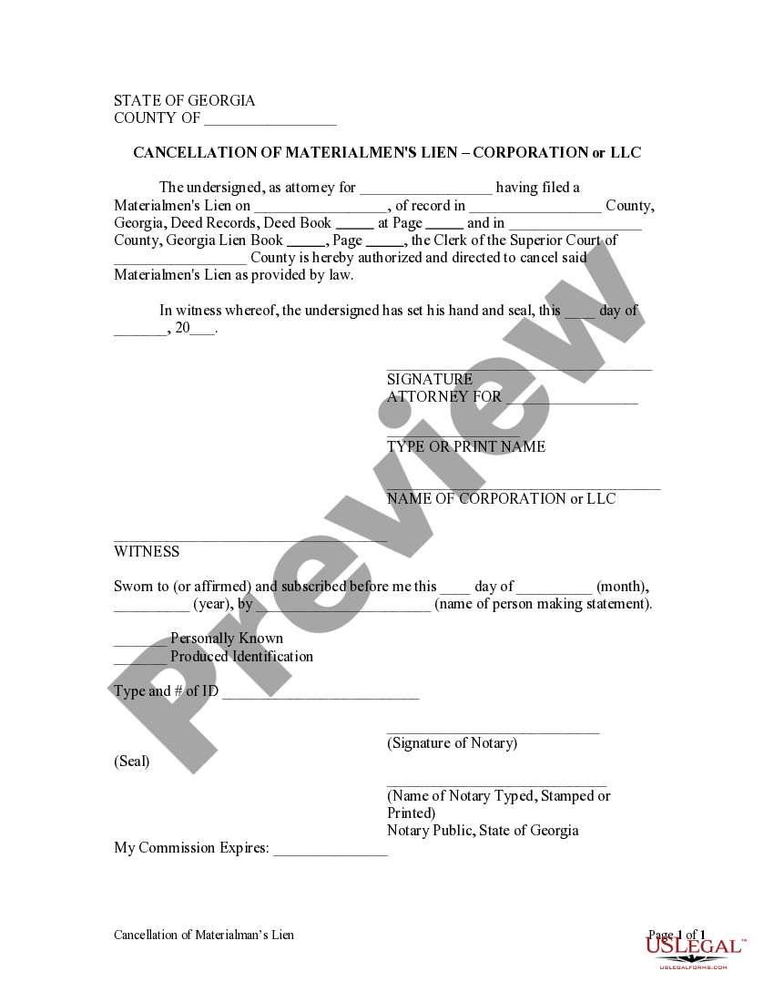 Cancellation of Materialmen's Lien Corporation or LLC US