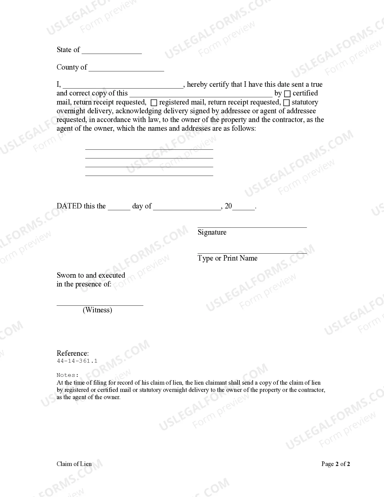 Preview Claim of Lien - Materialman - Corporation or LLC