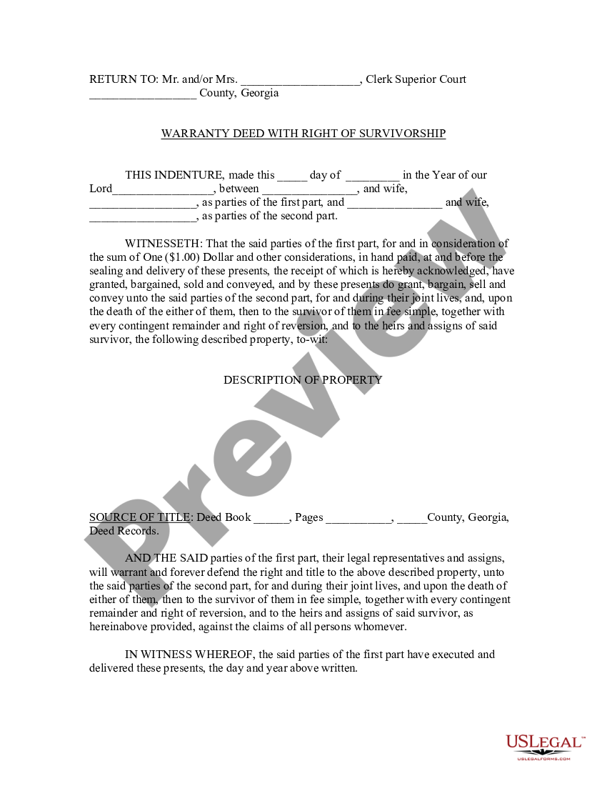 Atlanta Georgia Warranty Deed With Right Of Survivorship Atlanta Deed Us Legal Forms 5867