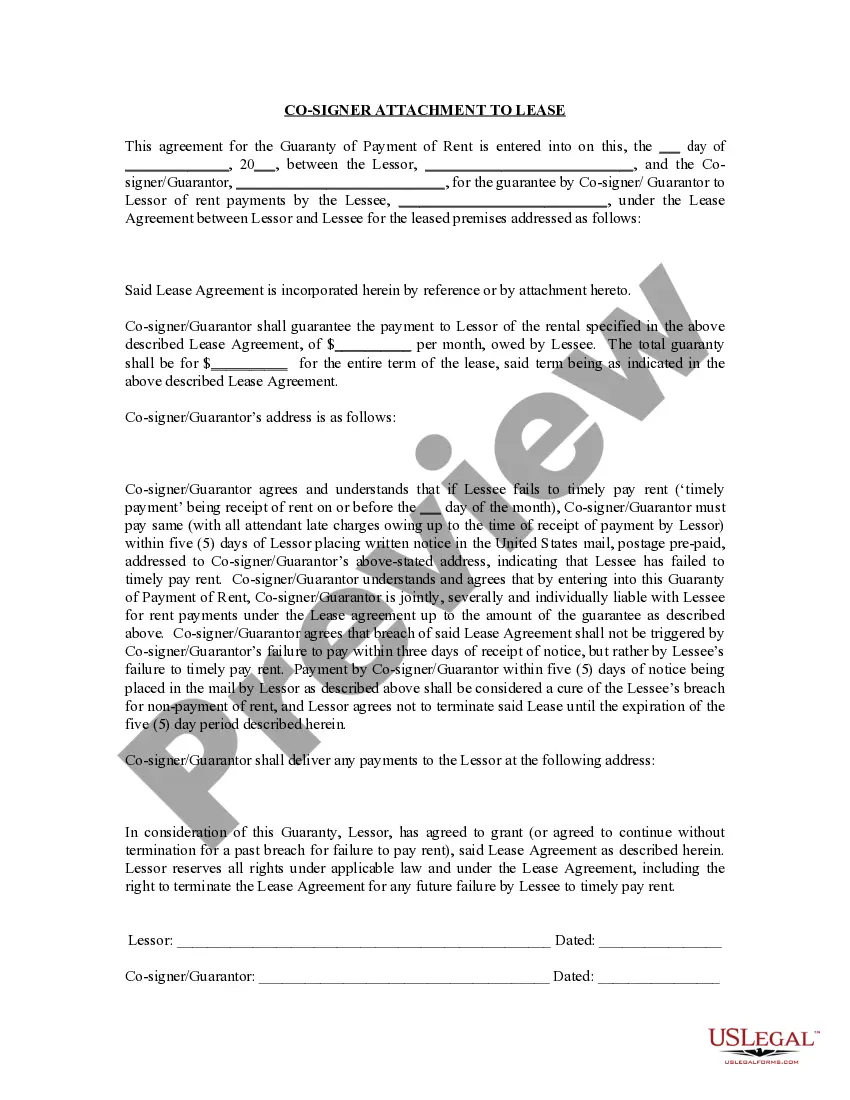 Preview Guaranty Attachment to Lease for Guarantor or Cosigner