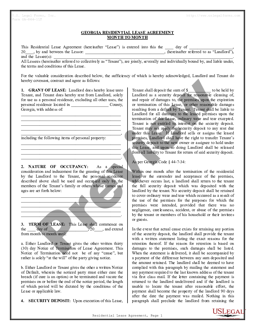 Residential Lease or Rental Agreement for Month to Month