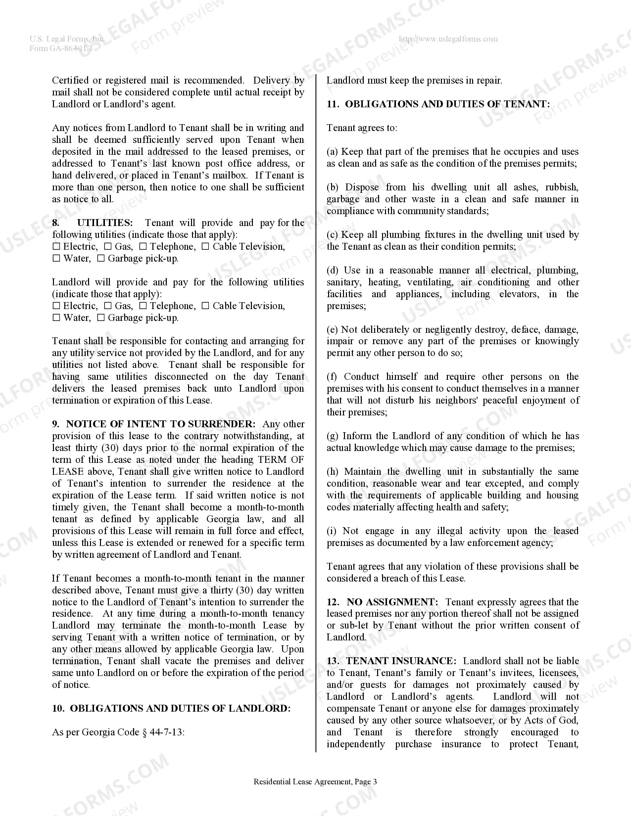 Preview Residential Lease or Rental Agreement for Month to Month