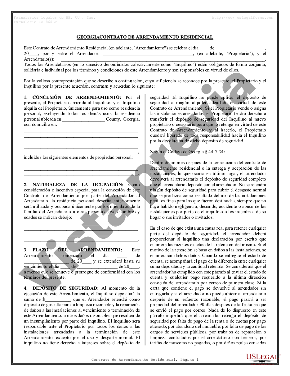 Georgia Contrato De Arrendamiento De Alquiler Residencial Contrato Residencial Pdf Us Legal 6255