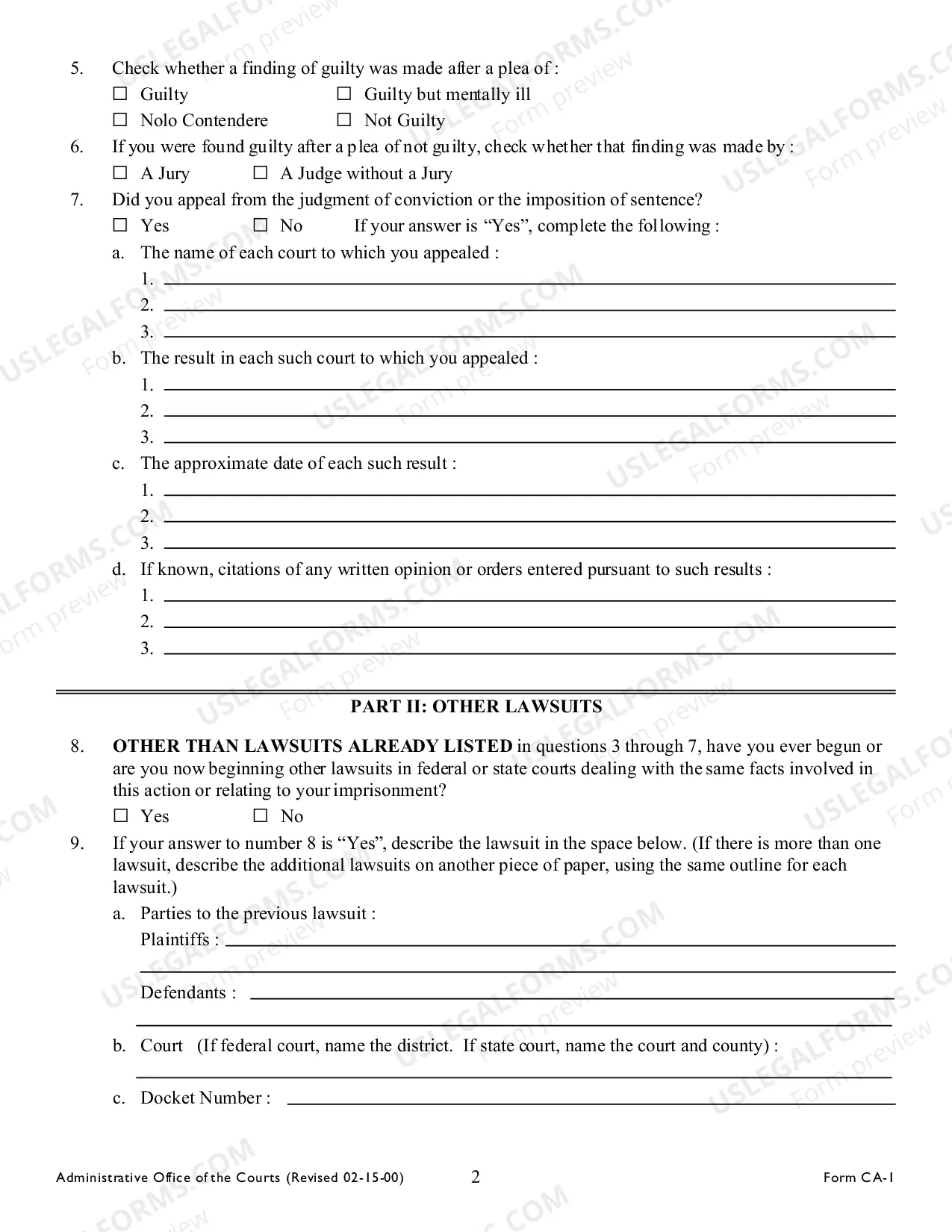 Preview Inmate Form for Civil Action