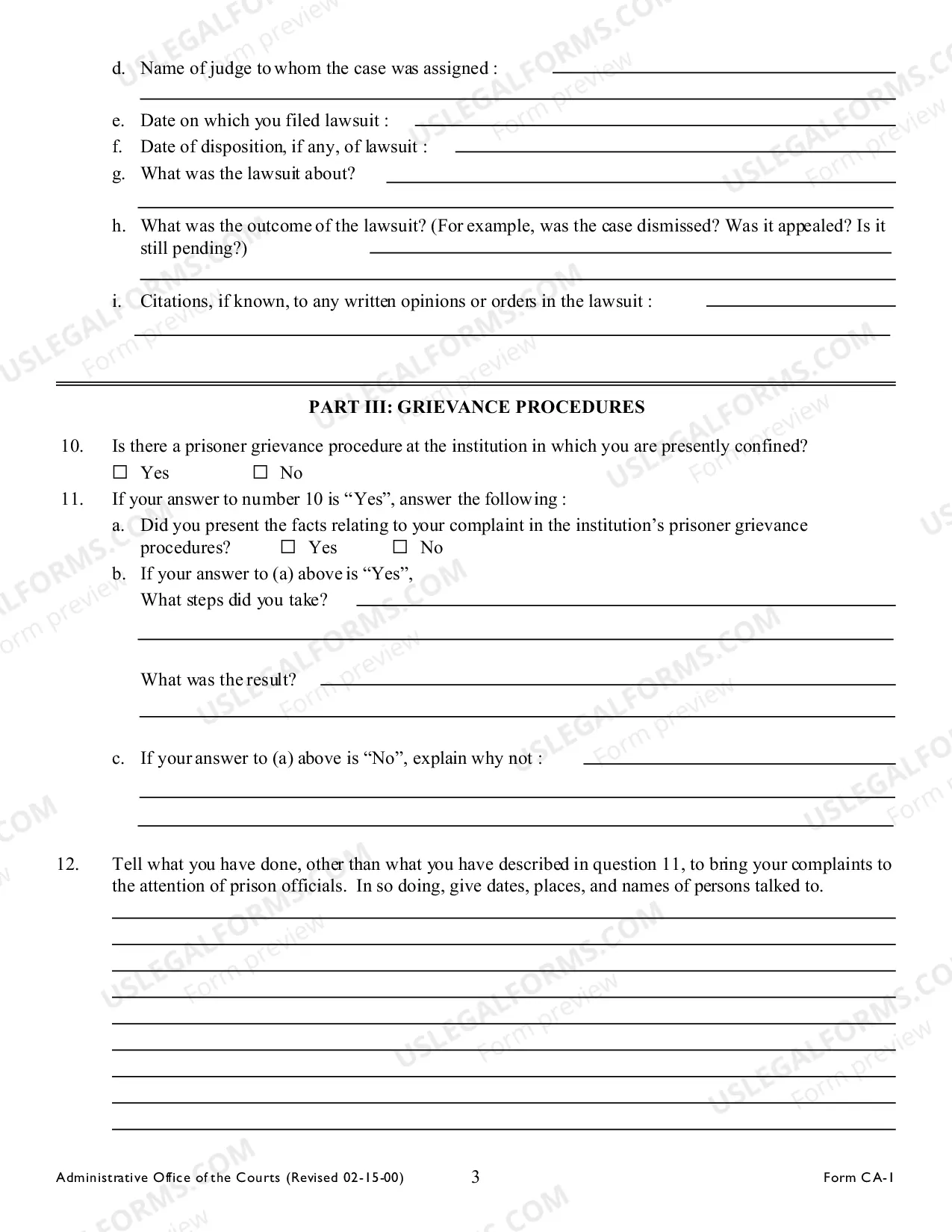 Preview Inmate Form for Civil Action