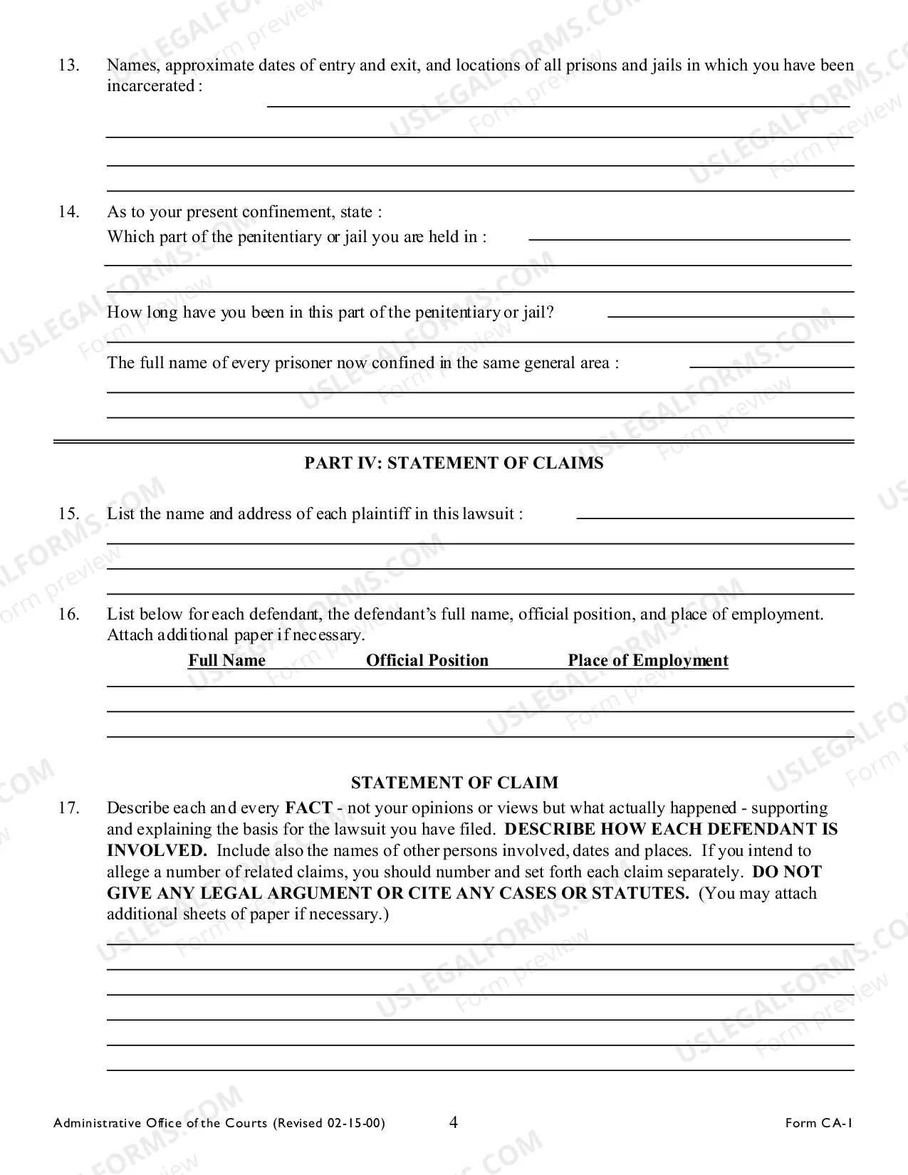 Preview Inmate Form for Civil Action