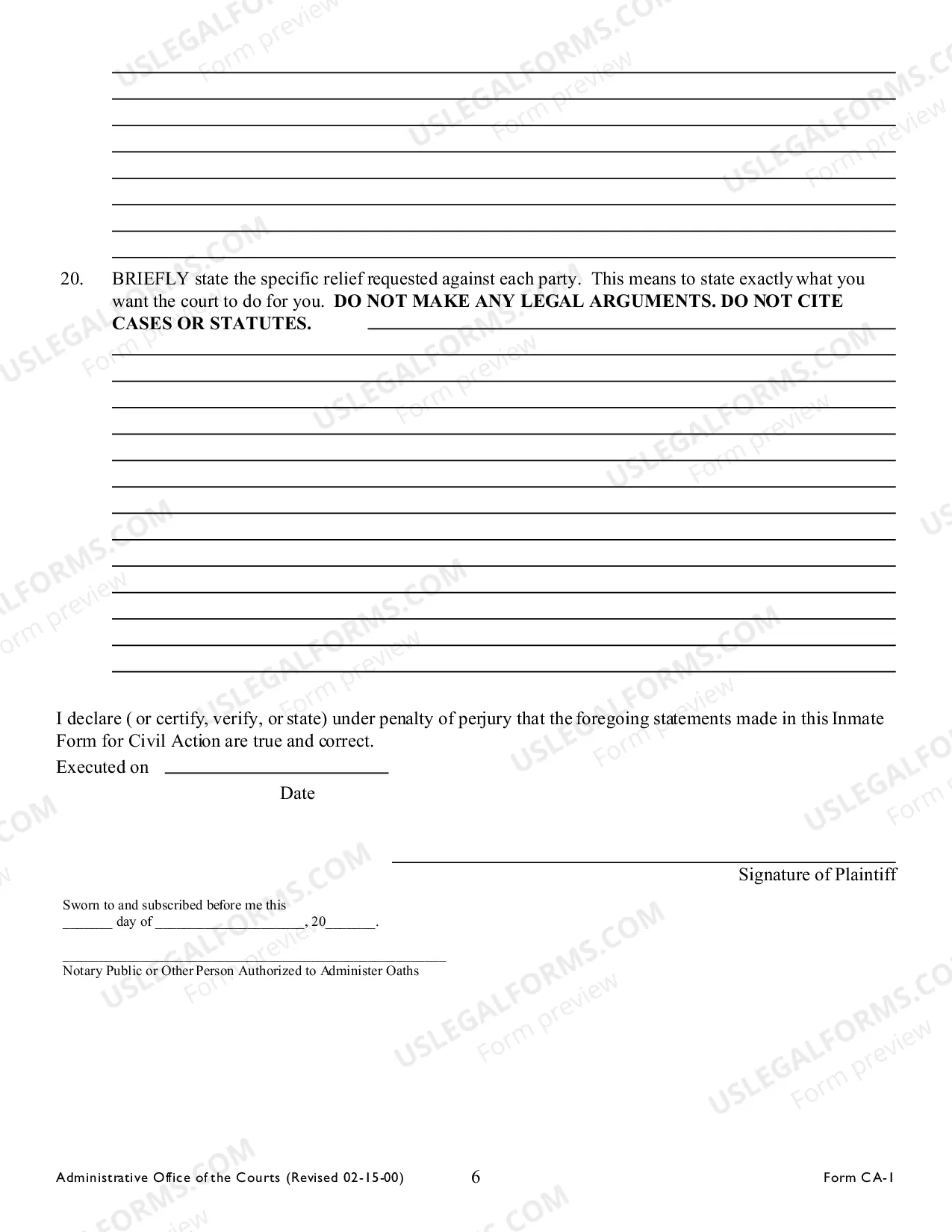 Preview Inmate Form for Civil Action
