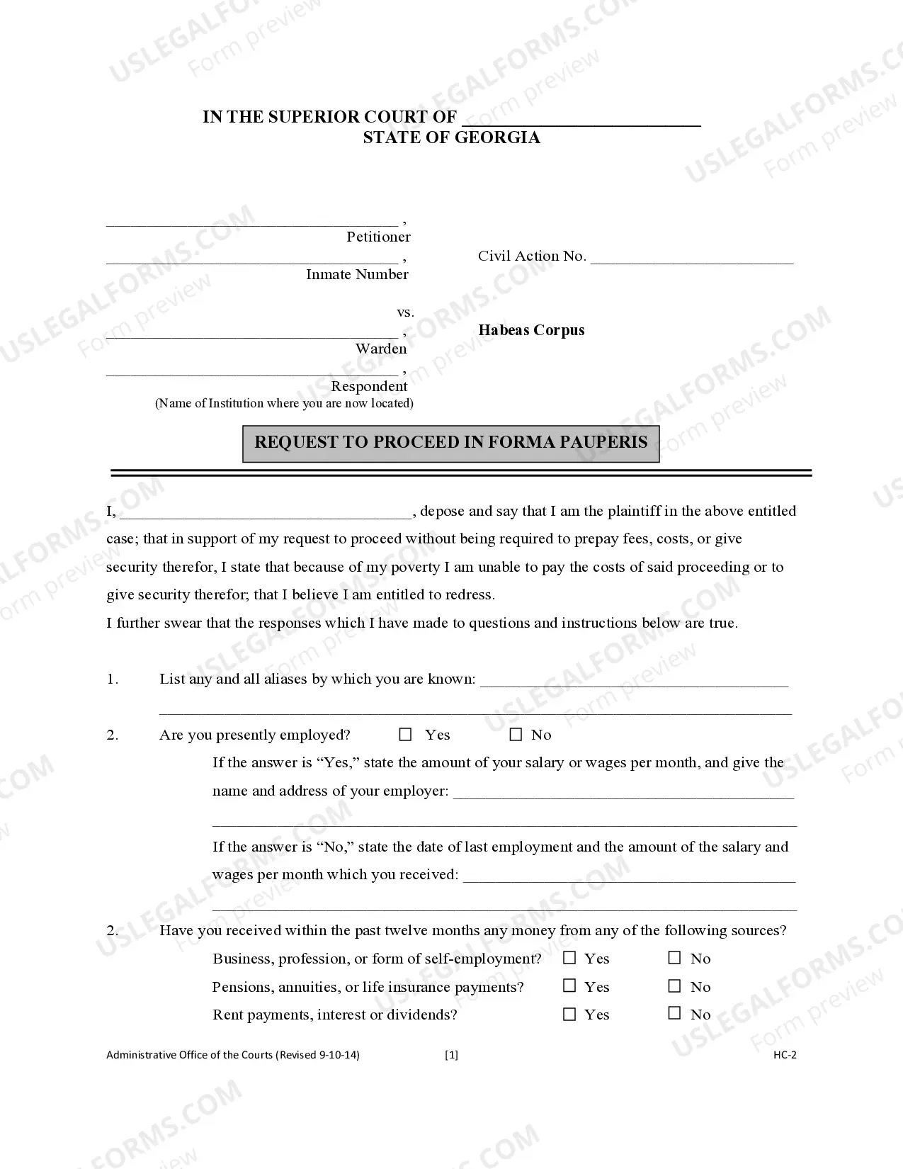 Preview Request to Proceed in Forma Pauperis - Habeas Corpus