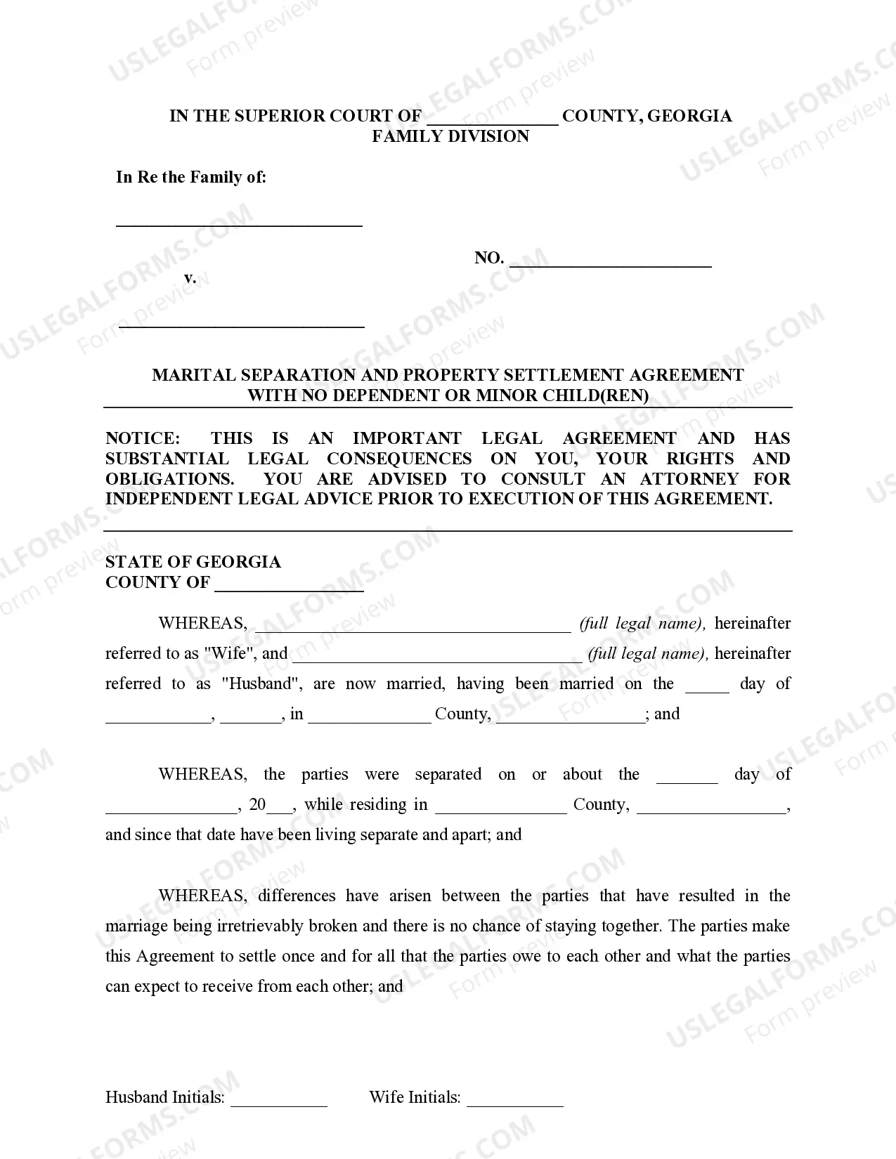 Preview Marital Legal Separation and Property Settlement Agreement where No Children or No Joint Property or Debts and Divorce Action Filed