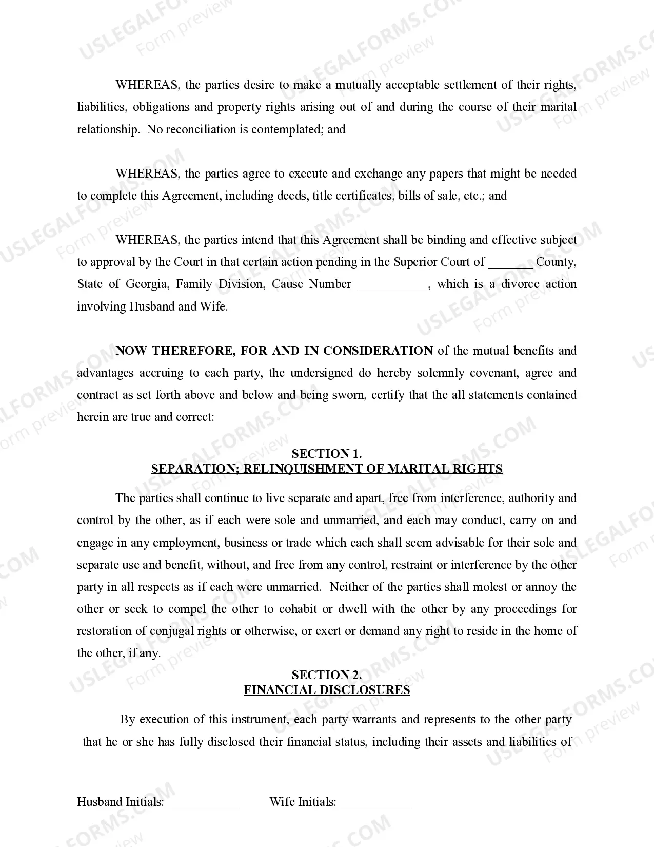 Preview Marital Legal Separation and Property Settlement Agreement where No Children or No Joint Property or Debts and Divorce Action Filed