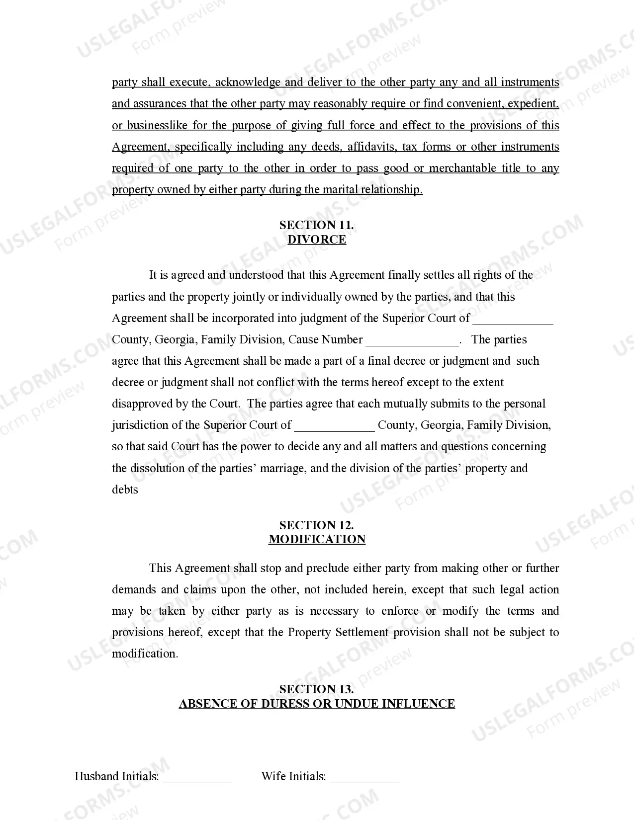 Preview Marital Legal Separation and Property Settlement Agreement where No Children or No Joint Property or Debts and Divorce Action Filed