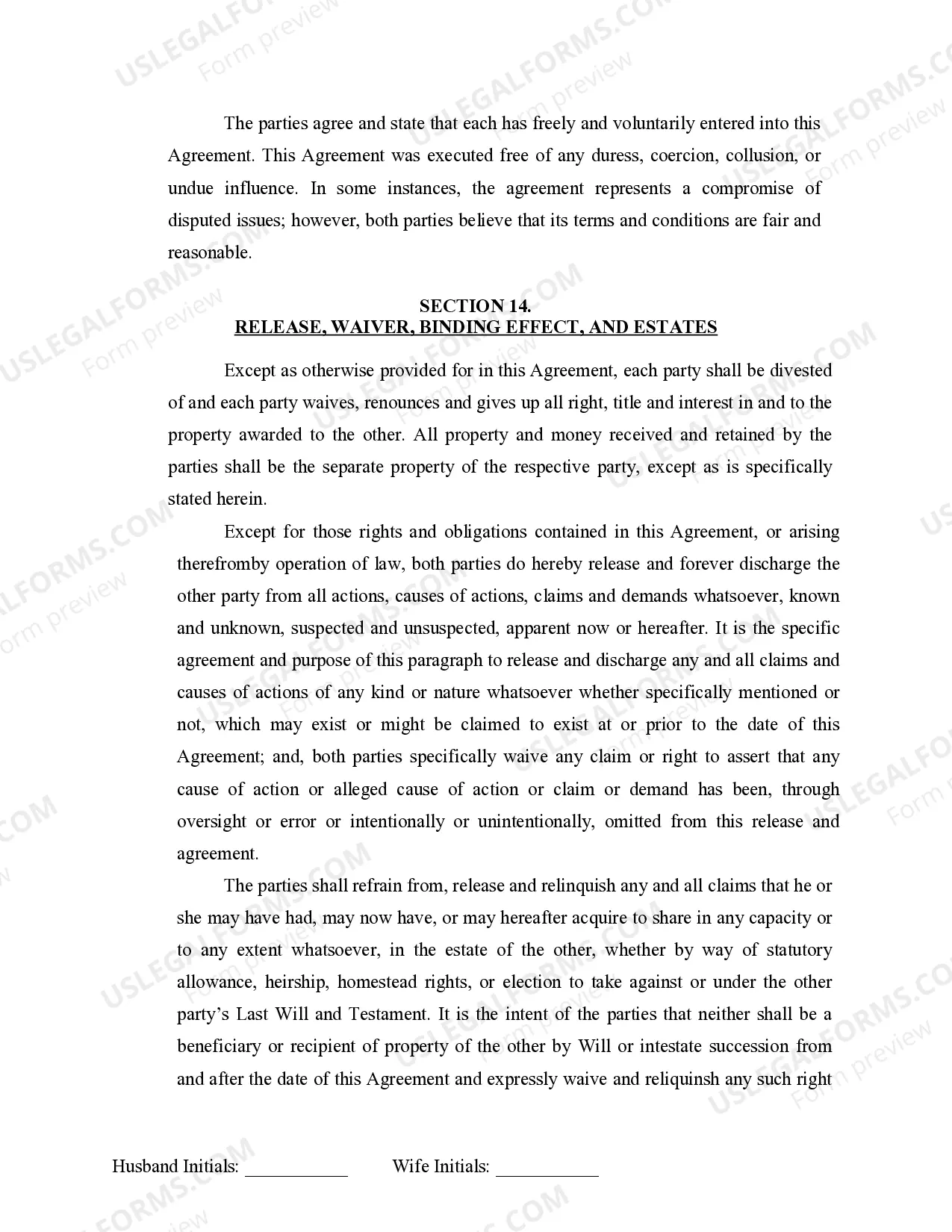 Preview Marital Legal Separation and Property Settlement Agreement where No Children or No Joint Property or Debts and Divorce Action Filed