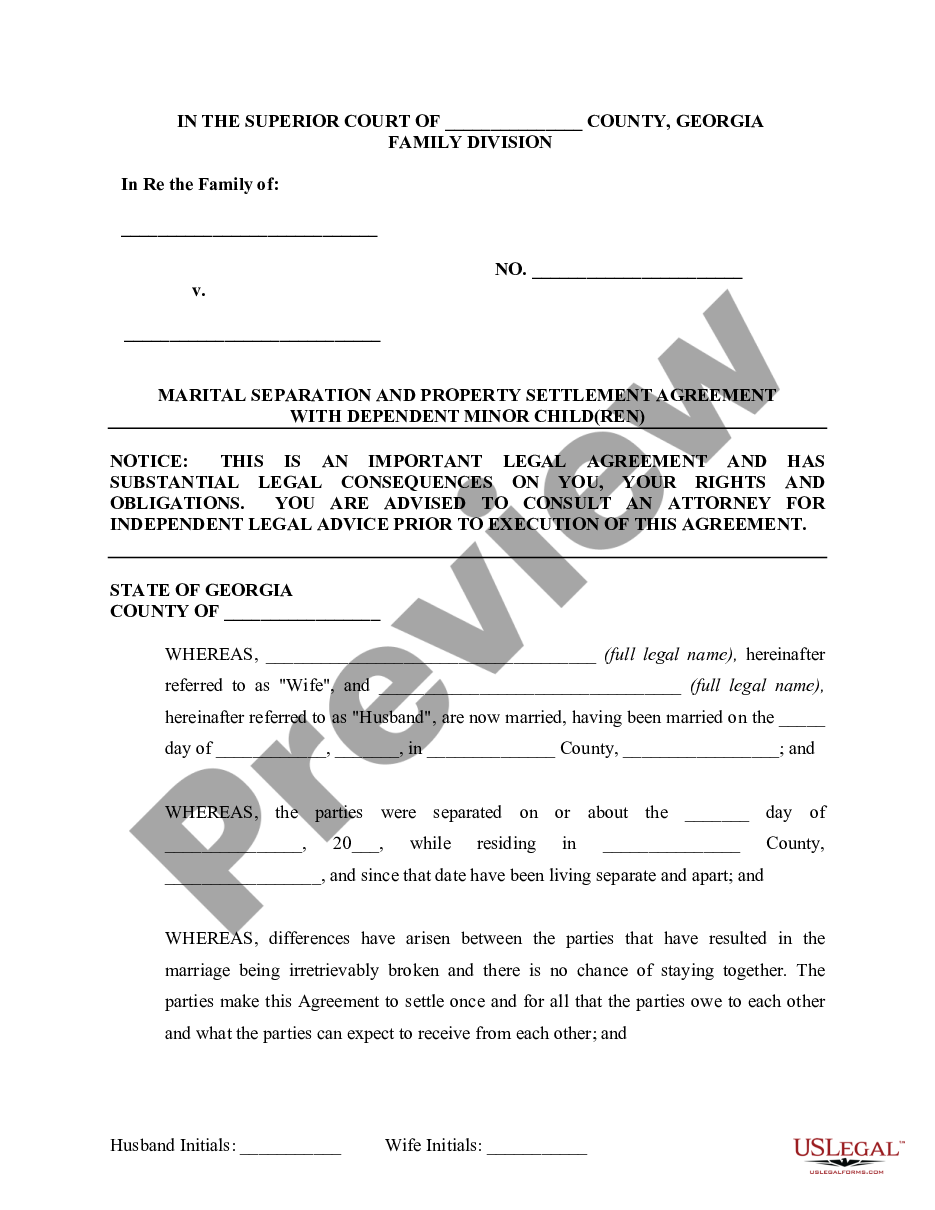 page 1 Marital Legal Separation and Property Settlement Agreement Minor Children no Joint Property or Debts where Divorce Action Filed preview