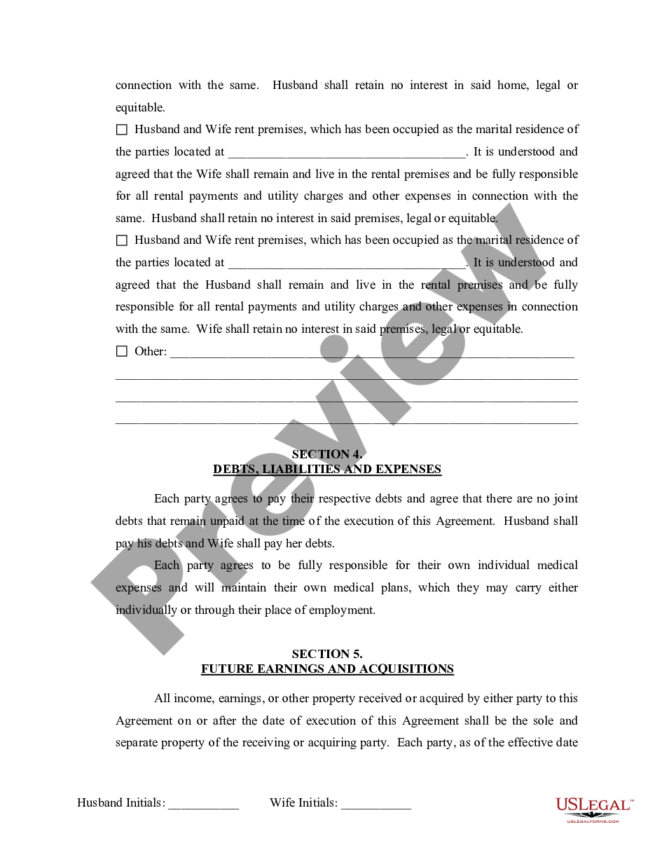page 5 Marital Legal Separation and Property Settlement Agreement Minor Children no Joint Property or Debts where Divorce Action Filed preview