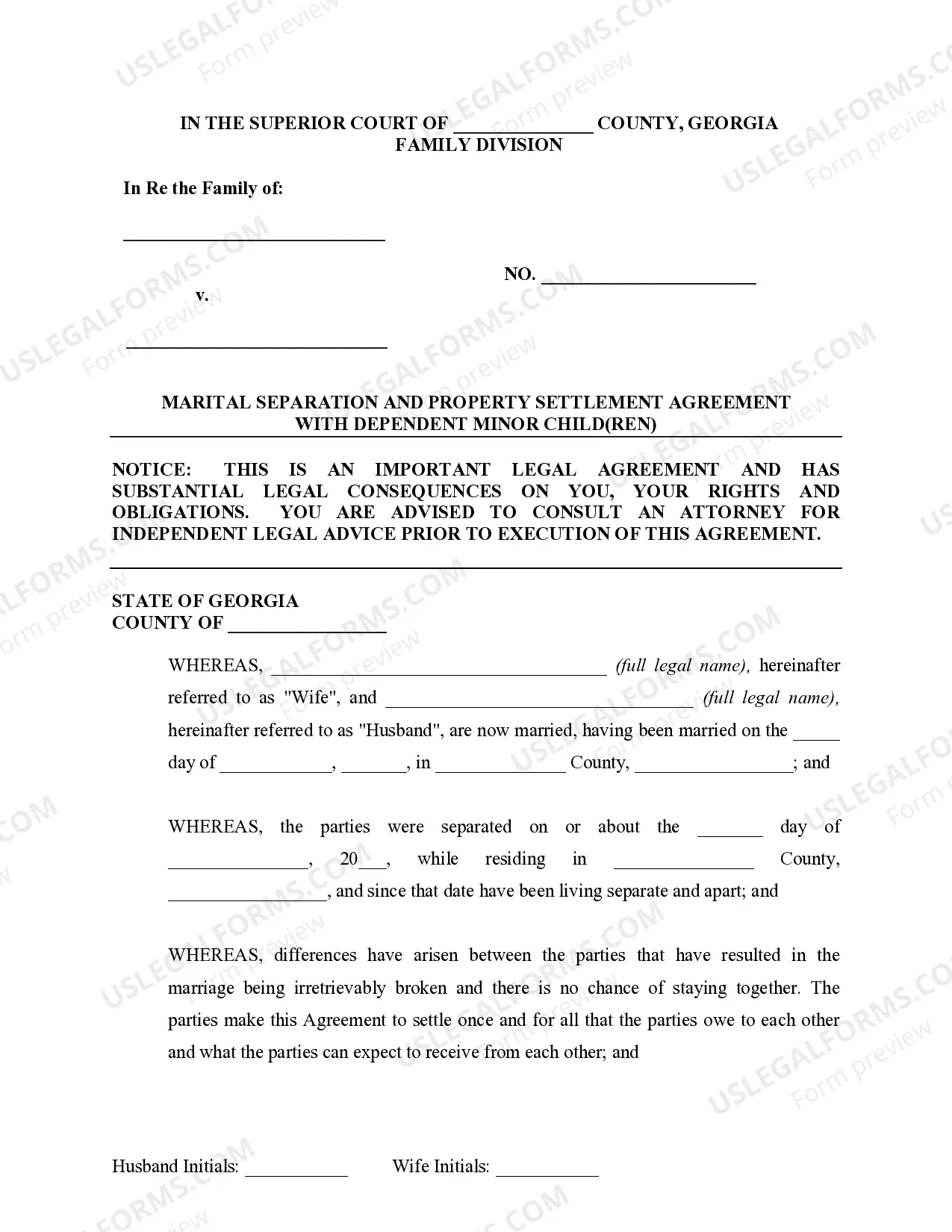 Preview Marital Legal Separation and Property Settlement Agreement Minor Children no Joint Property or Debts where Divorce Action Filed