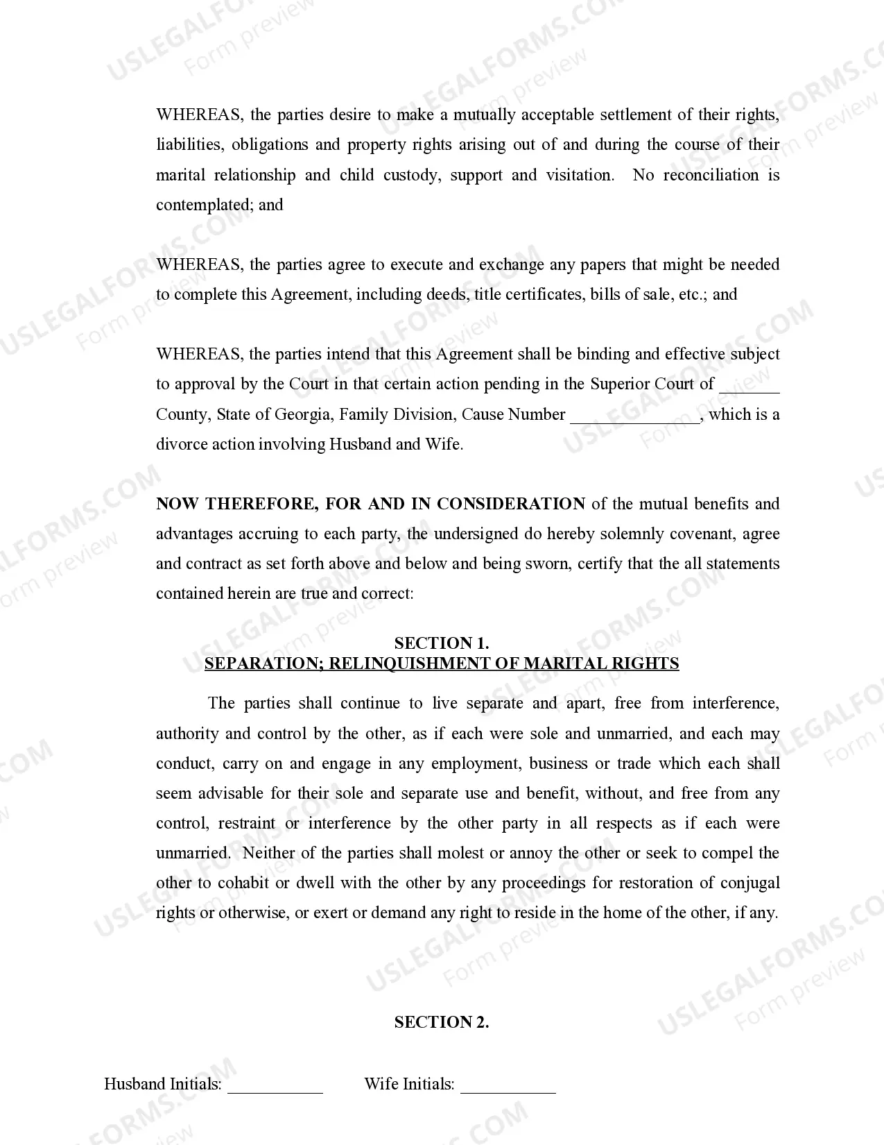 Preview Marital Legal Separation and Property Settlement Agreement Minor Children no Joint Property or Debts where Divorce Action Filed