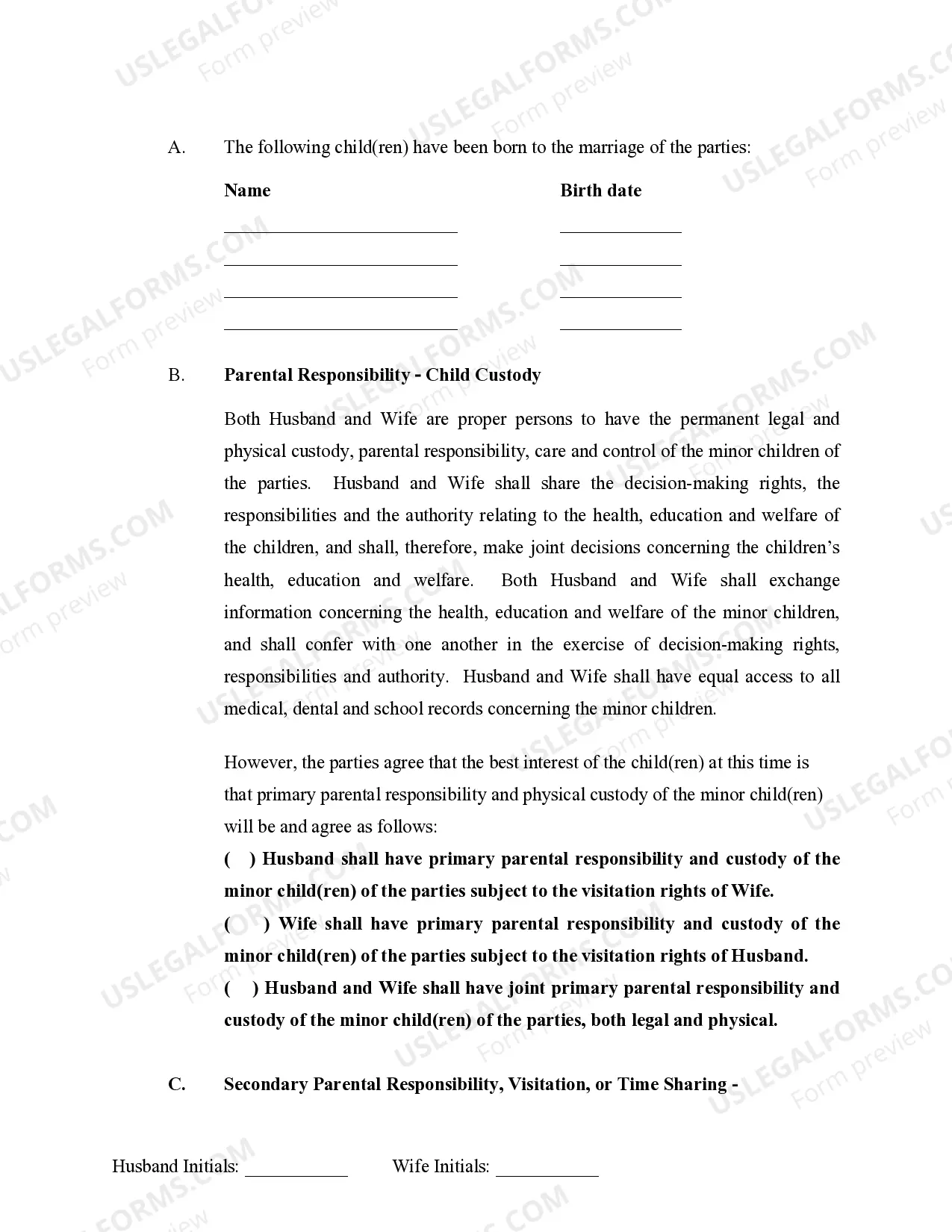 Preview Marital Legal Separation and Property Settlement Agreement Minor Children no Joint Property or Debts where Divorce Action Filed