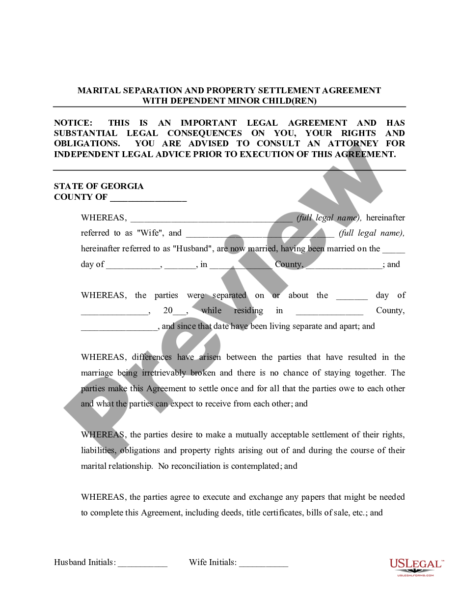 page 1 Marital Legal Separation and Property Settlement Agreement Minor Children no Joint Property or Debts effective Immediately preview