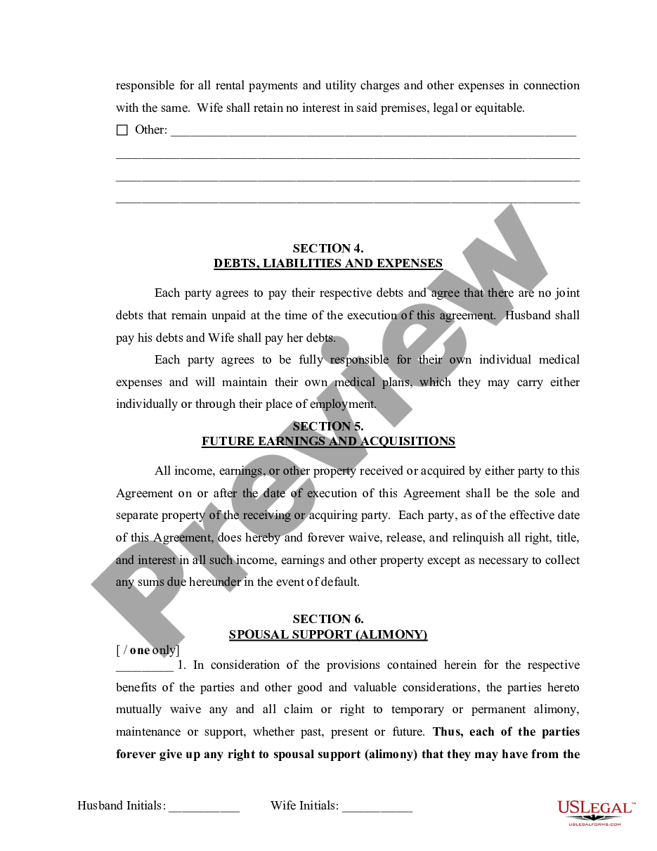 page 5 Marital Legal Separation and Property Settlement Agreement Minor Children no Joint Property or Debts effective Immediately preview