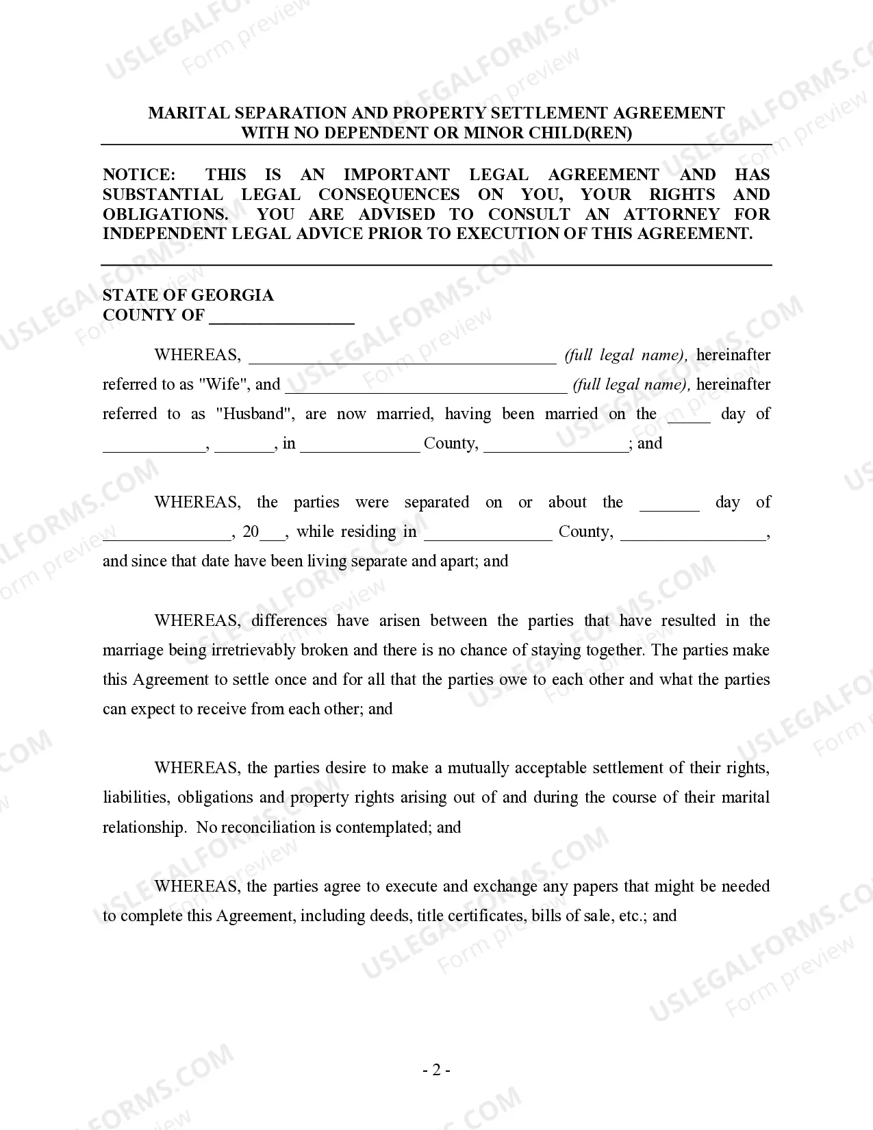 Preview Marital Legal Separation and Property Settlement Agreement for persons with no Children, no Joint Property, or Debts Effective Immediately