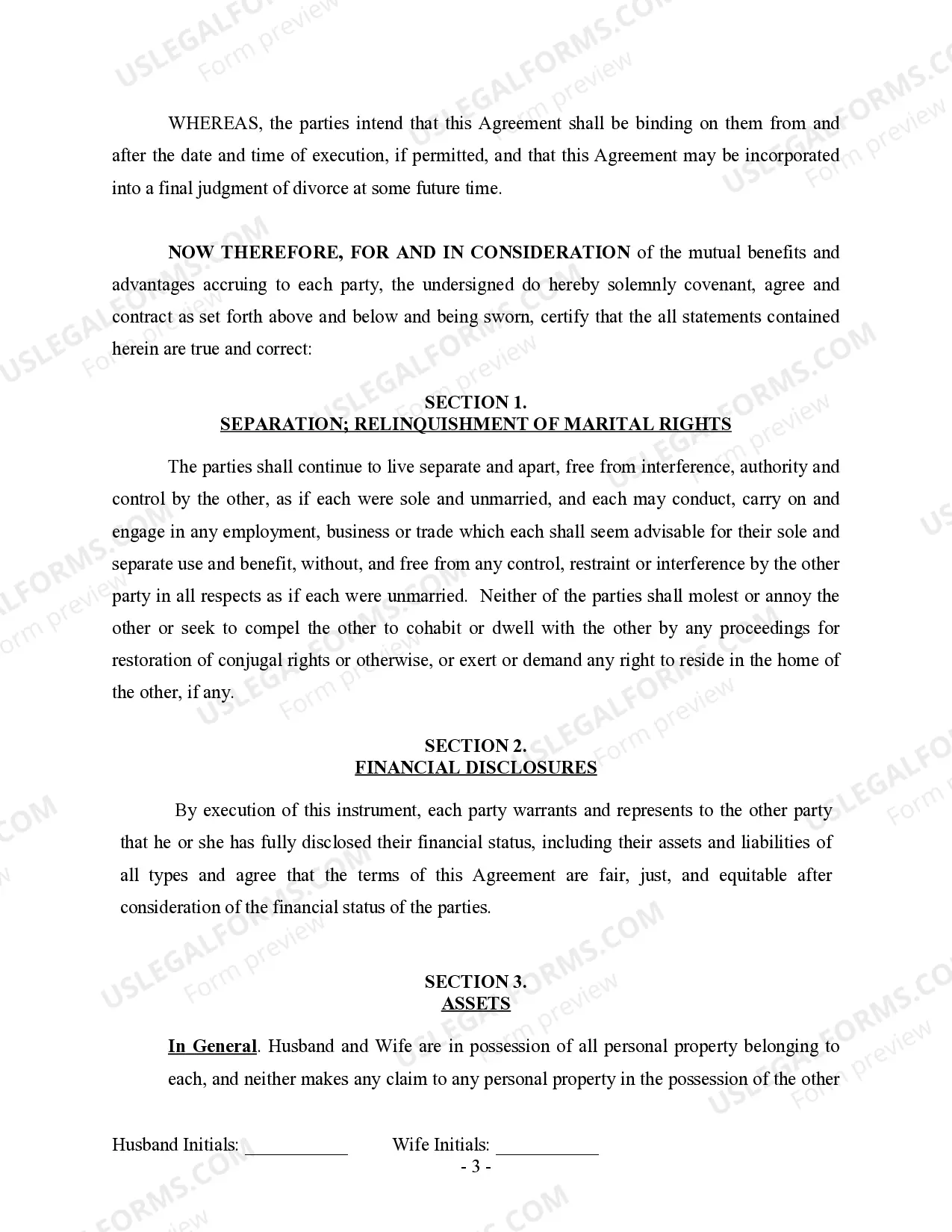 Preview Marital Legal Separation and Property Settlement Agreement for persons with no Children, no Joint Property, or Debts Effective Immediately