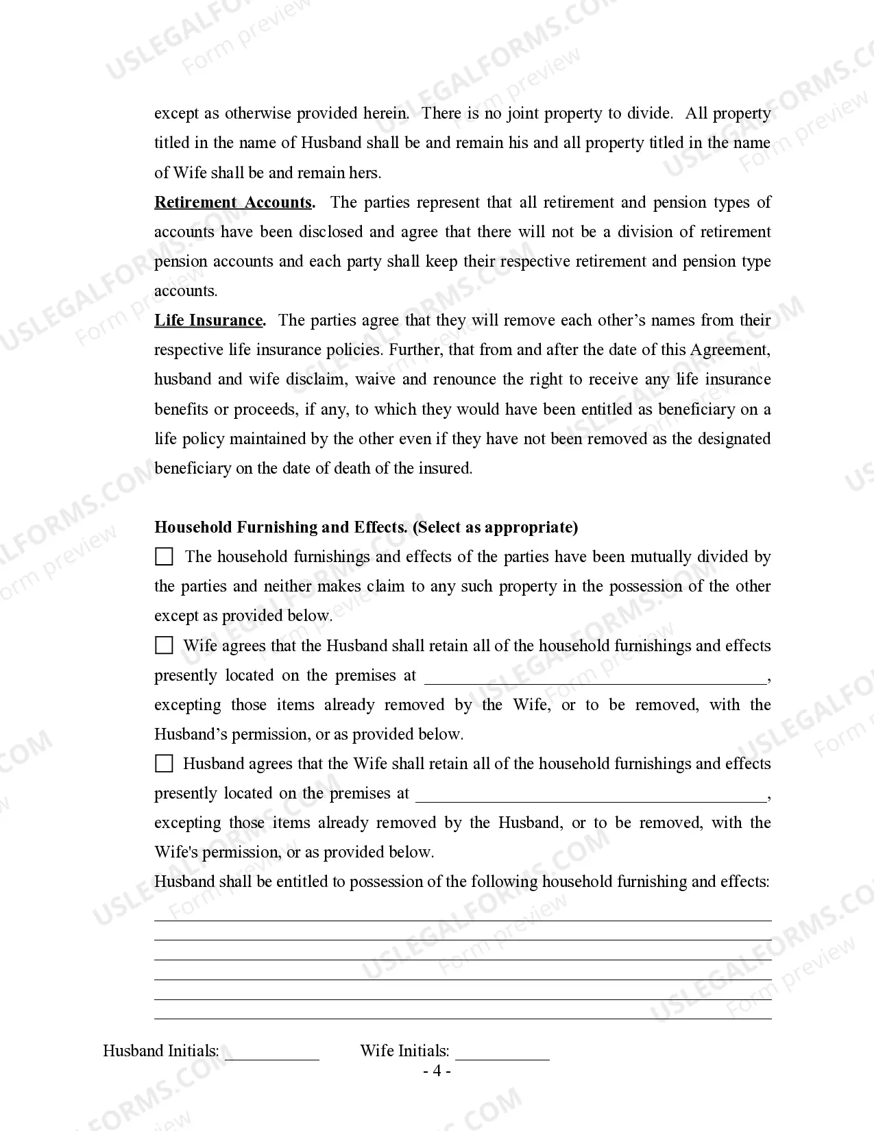 Preview Marital Legal Separation and Property Settlement Agreement for persons with no Children, no Joint Property, or Debts Effective Immediately