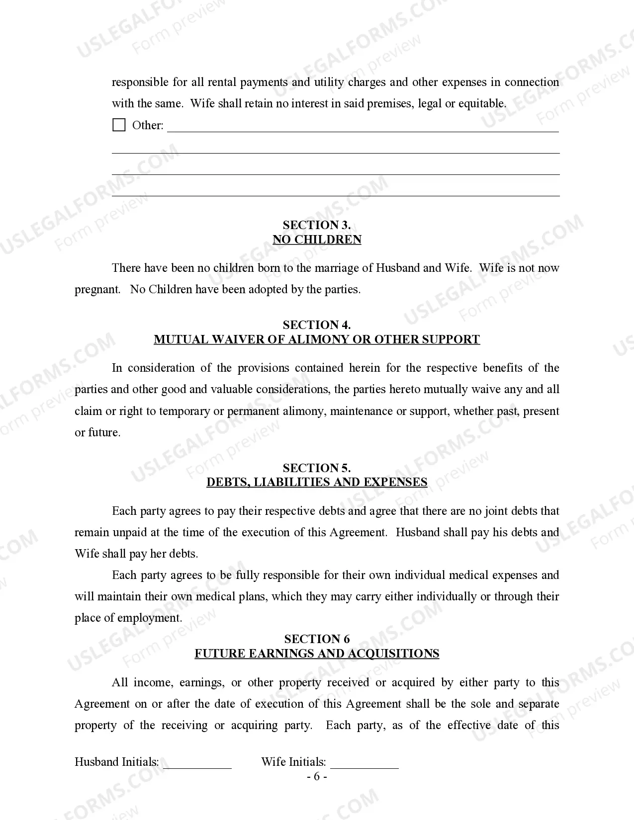 Preview Marital Legal Separation and Property Settlement Agreement for persons with no Children, no Joint Property, or Debts Effective Immediately