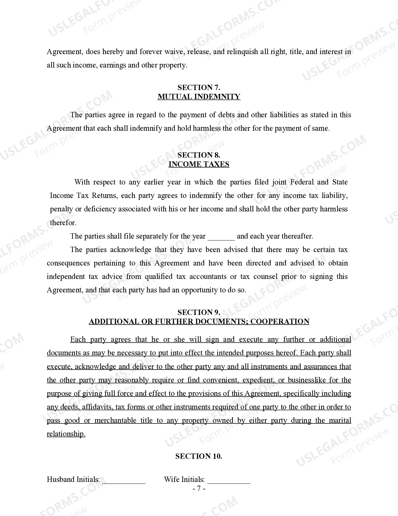 Preview Marital Legal Separation and Property Settlement Agreement for persons with no Children, no Joint Property, or Debts Effective Immediately
