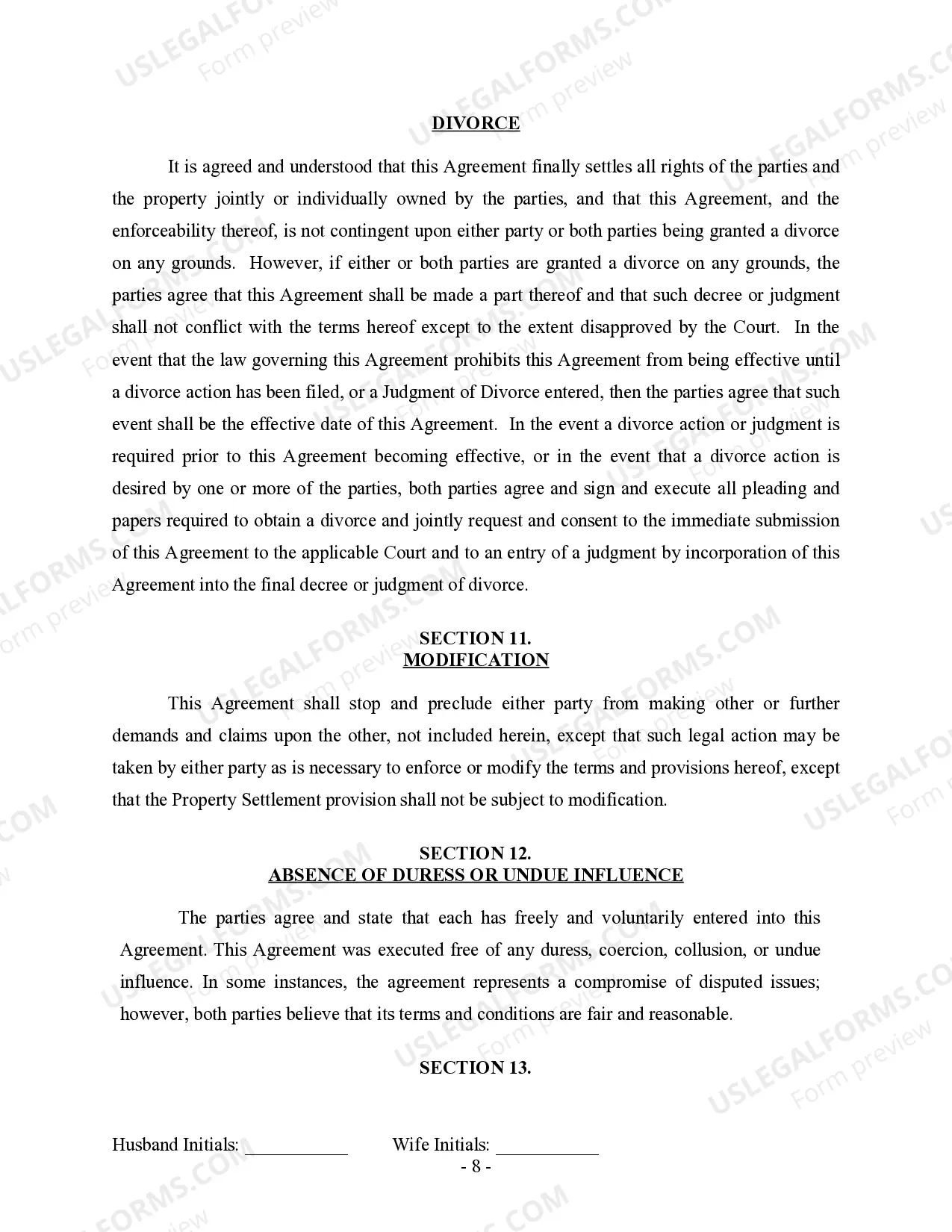 Preview Marital Legal Separation and Property Settlement Agreement for persons with no Children, no Joint Property, or Debts Effective Immediately