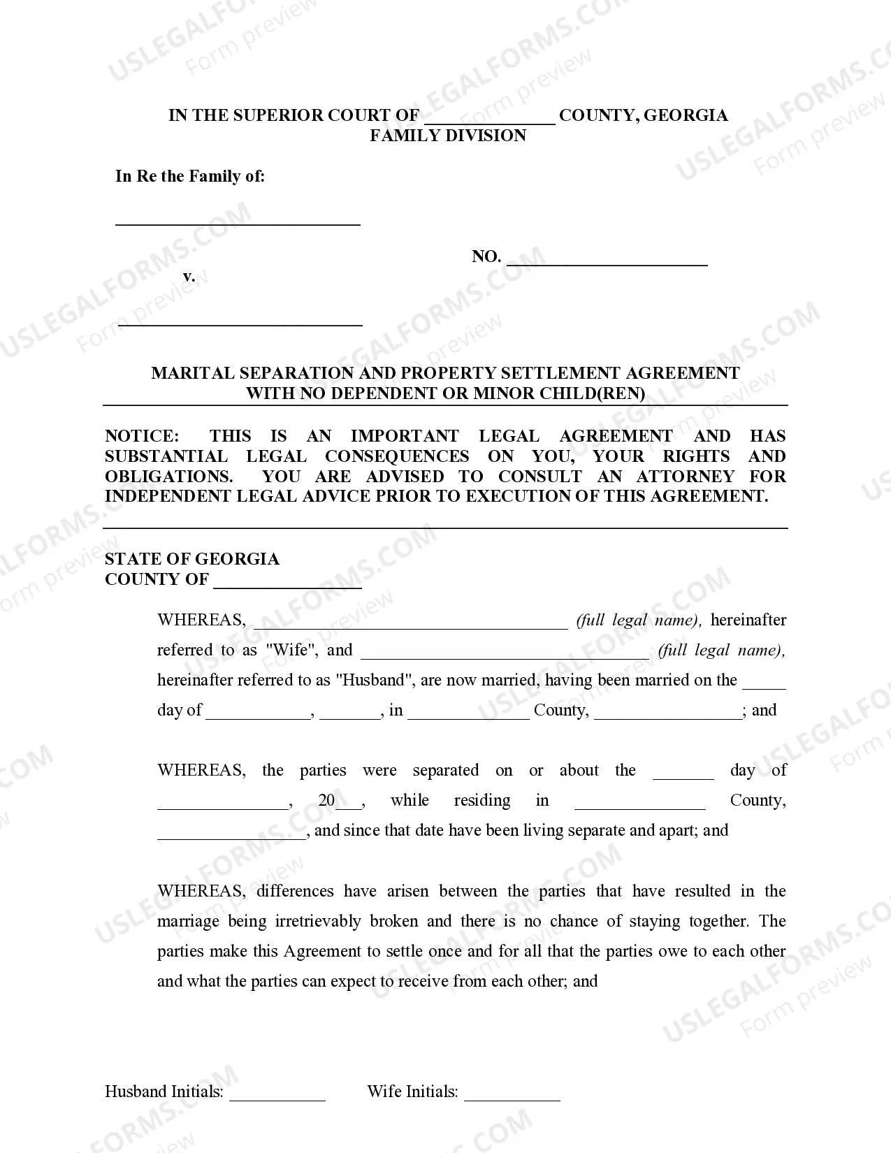 Preview Marital Legal Separation and Property Settlement Agreement no Children parties may have Joint Property or Debts where Divorce Action Filed