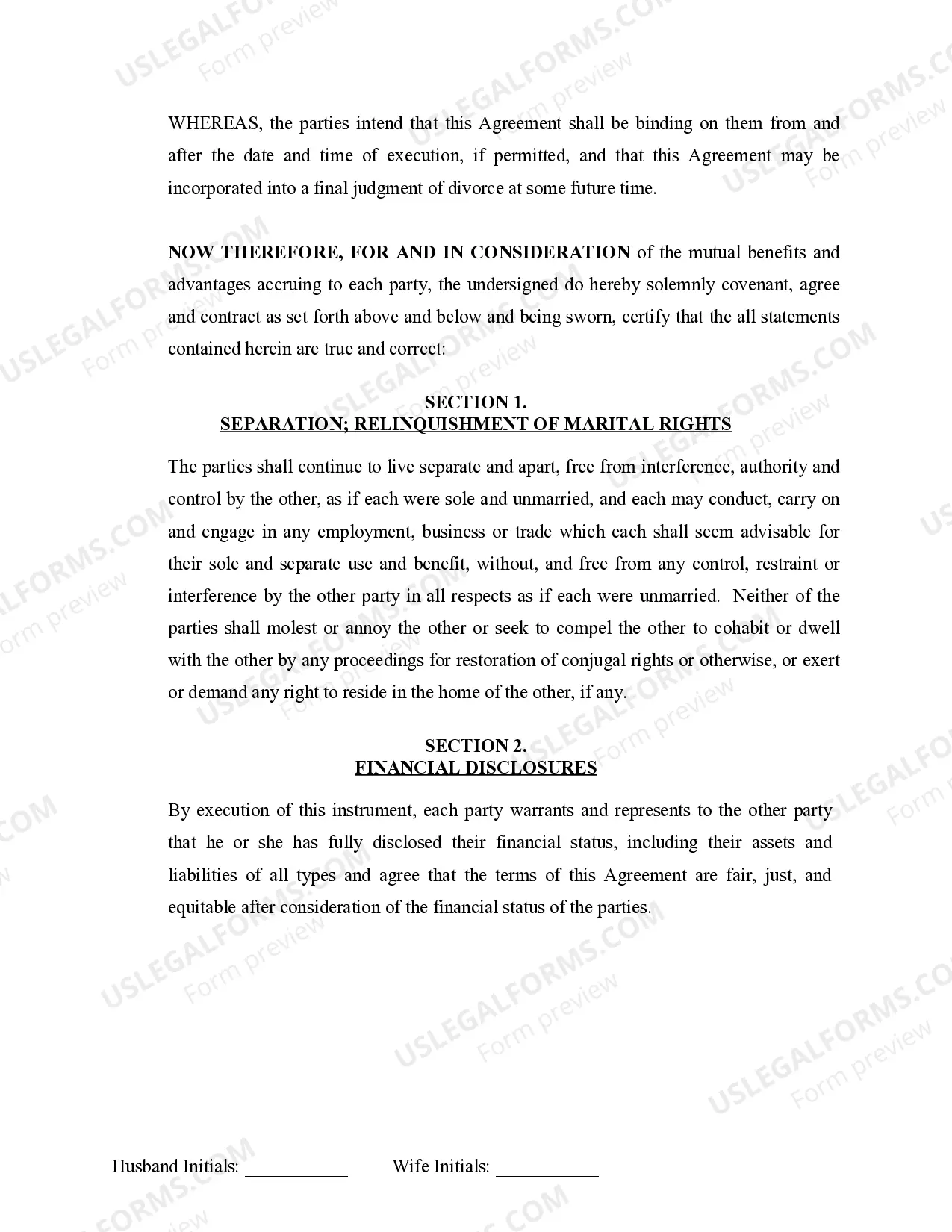 Preview Marital Legal Separation and Property Settlement Agreement no Children parties may have Joint Property or Debts Effective Immediately