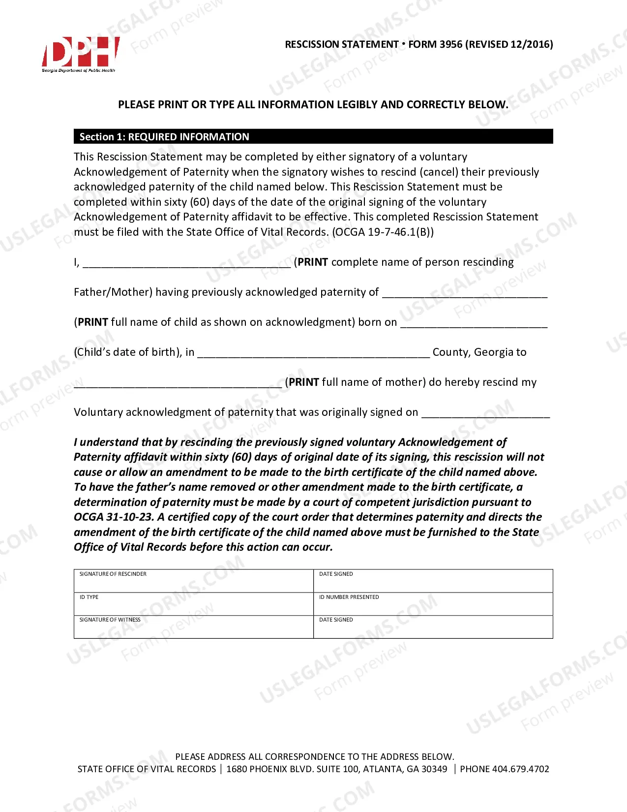 Preview Paternity Acknowledgment Rescission