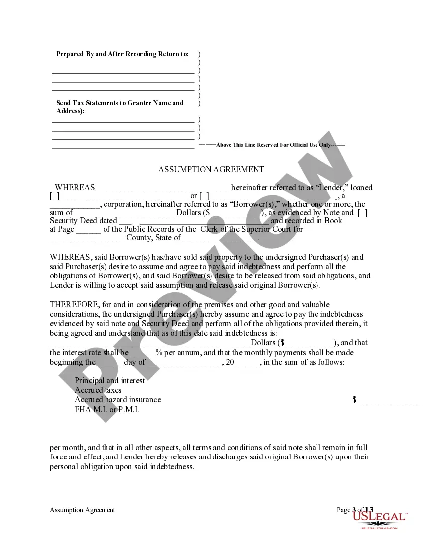 Preview Assumption Agreement of Security Deed and Release of Original Mortgagors