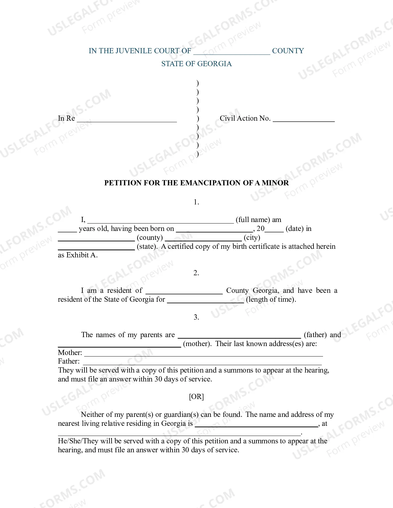 Georgia Petition for the Emancipation of a Minor | US Legal Forms